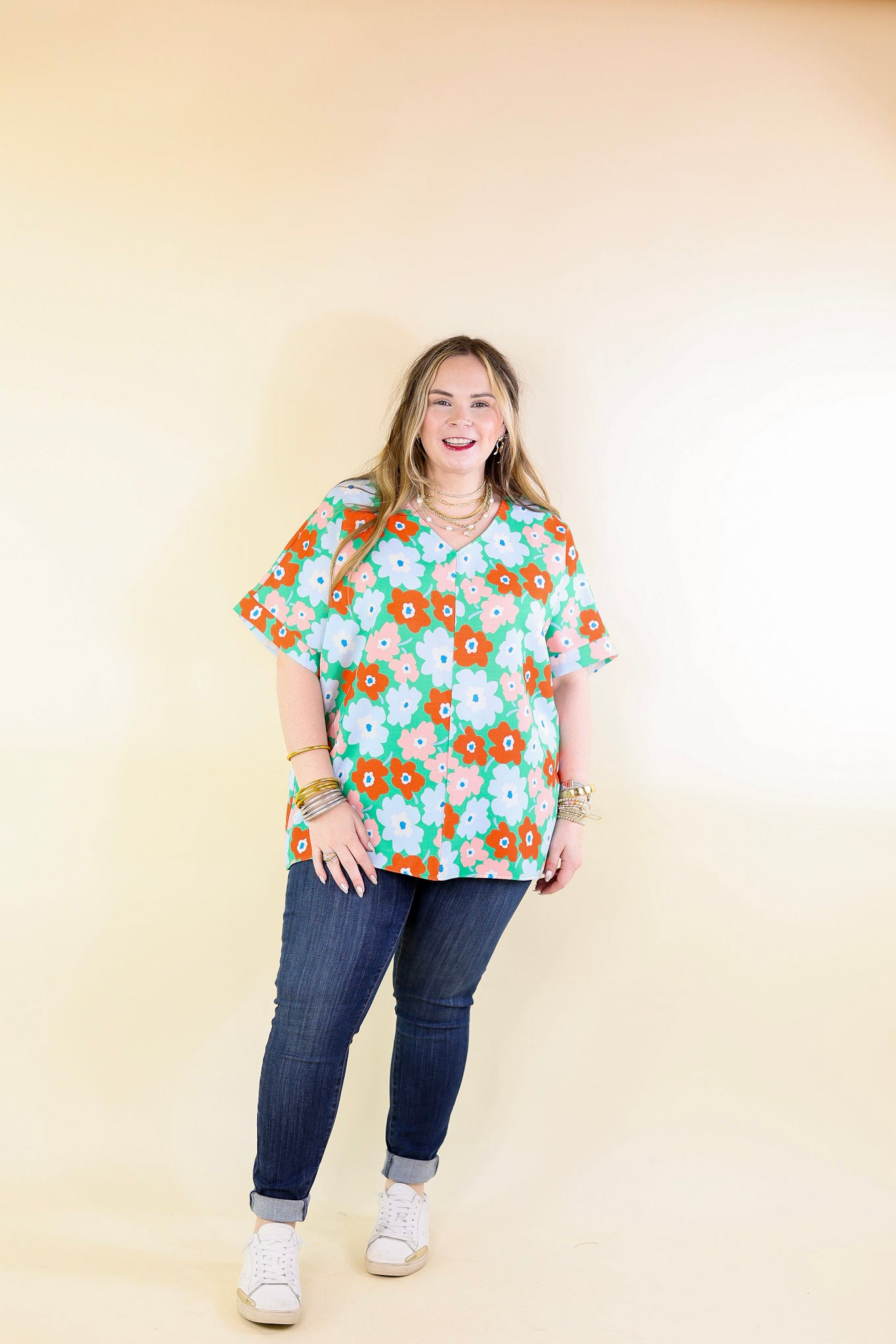 Sunny Refresh Floral V Neck Top in Green Mix