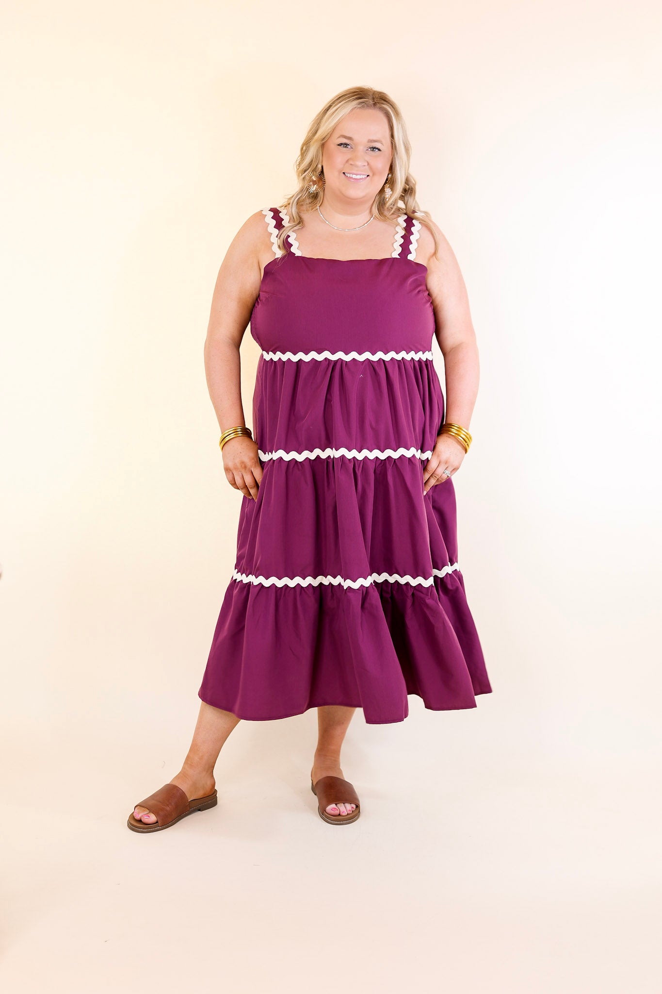 Timeless Twirl Midi Dress with Rickrack Detailing in Plum Maroon