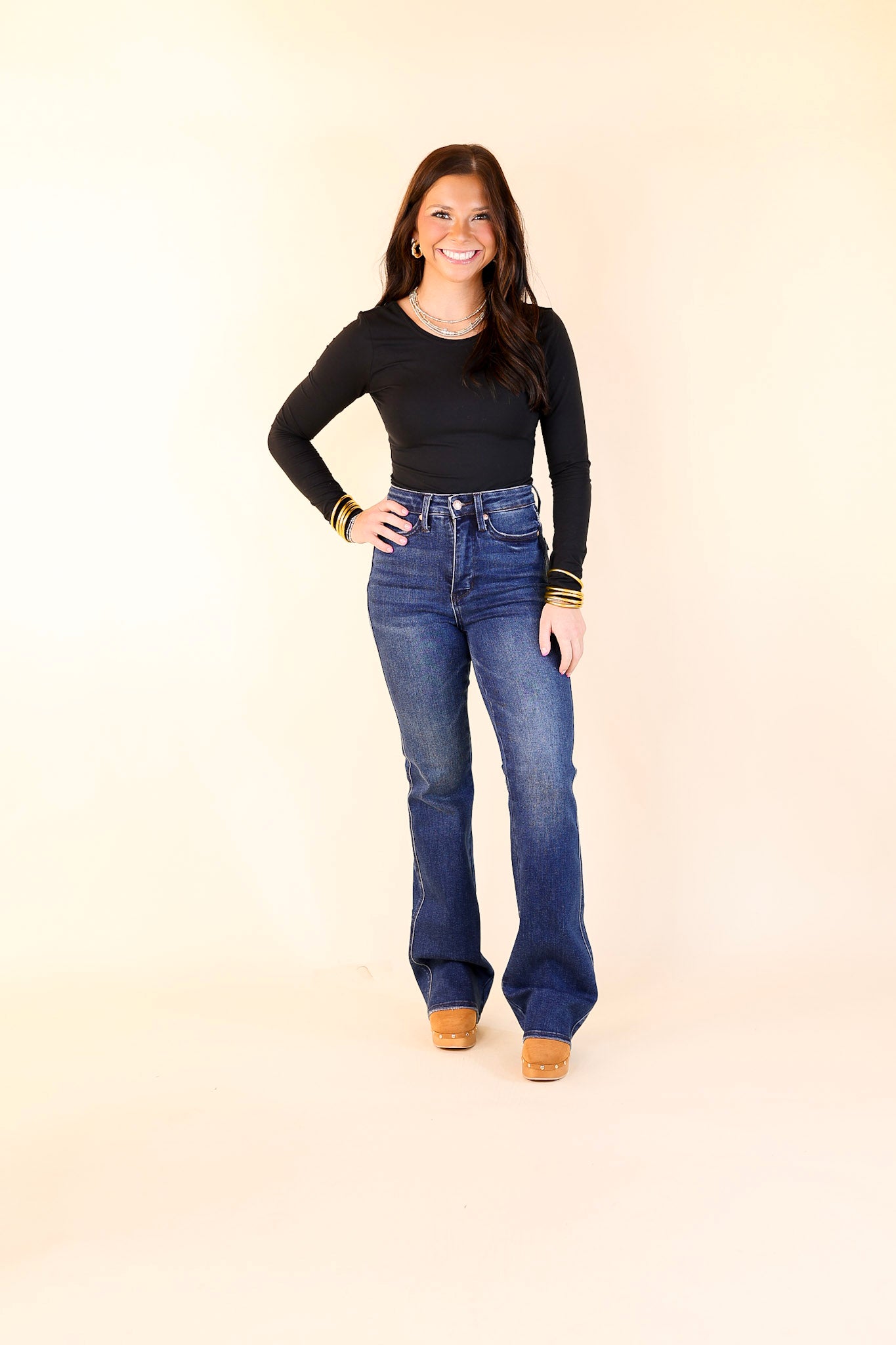 Judy Blue | Stylish Stride Tummy Control Bootcut Jean with Back Pocket Embroidery in Dark Wash