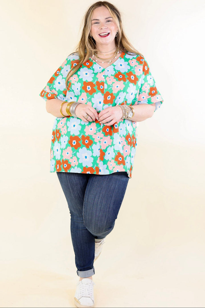 Sunny Refresh Floral V Neck Top in Green Mix