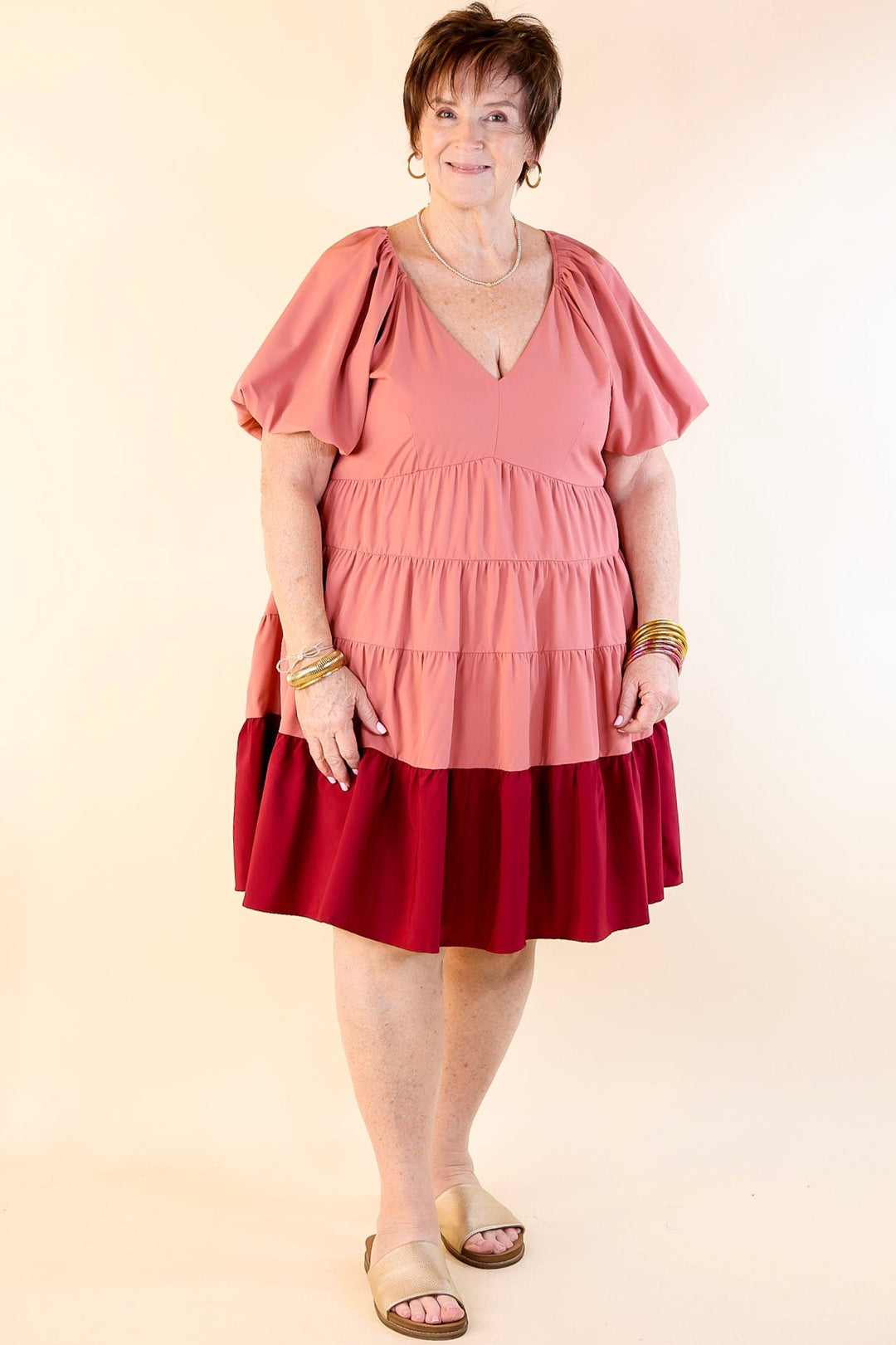 Trendy City Puff Sleeve Tiered Dress with Pink Hemline in Rose Pink