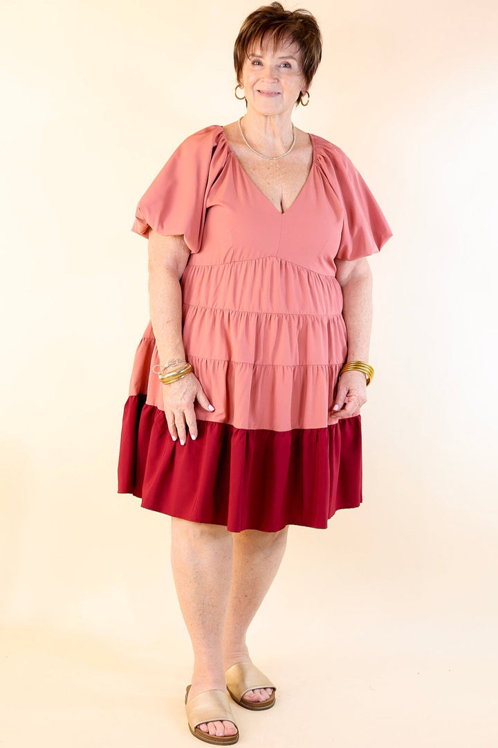 Trendy City Puff Sleeve Tiered Dress with Pink Hemline in Rose Pink