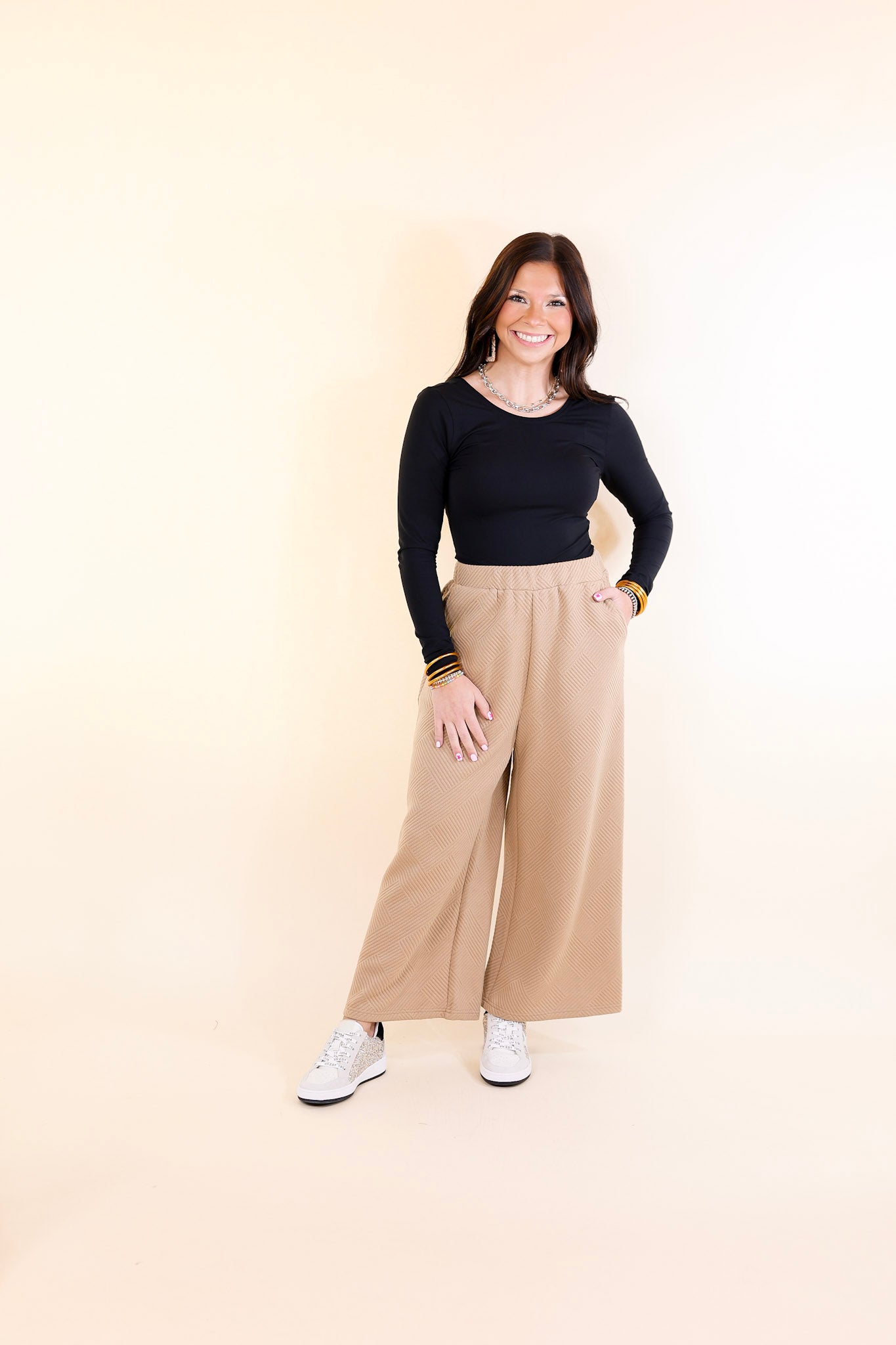 Glamour on the Go Textured Wide Leg Pant in Tan