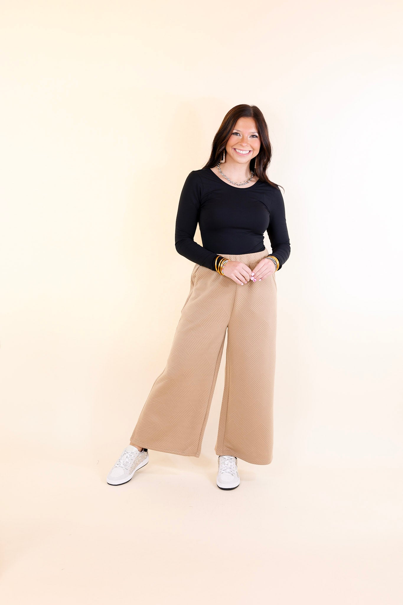 Glamour on the Go Textured Wide Leg Pant in Tan