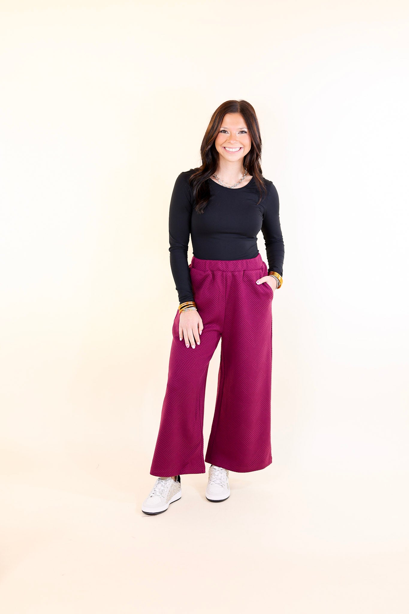 Glamour on the Go Textured Wide Leg Pant in Plum Purple