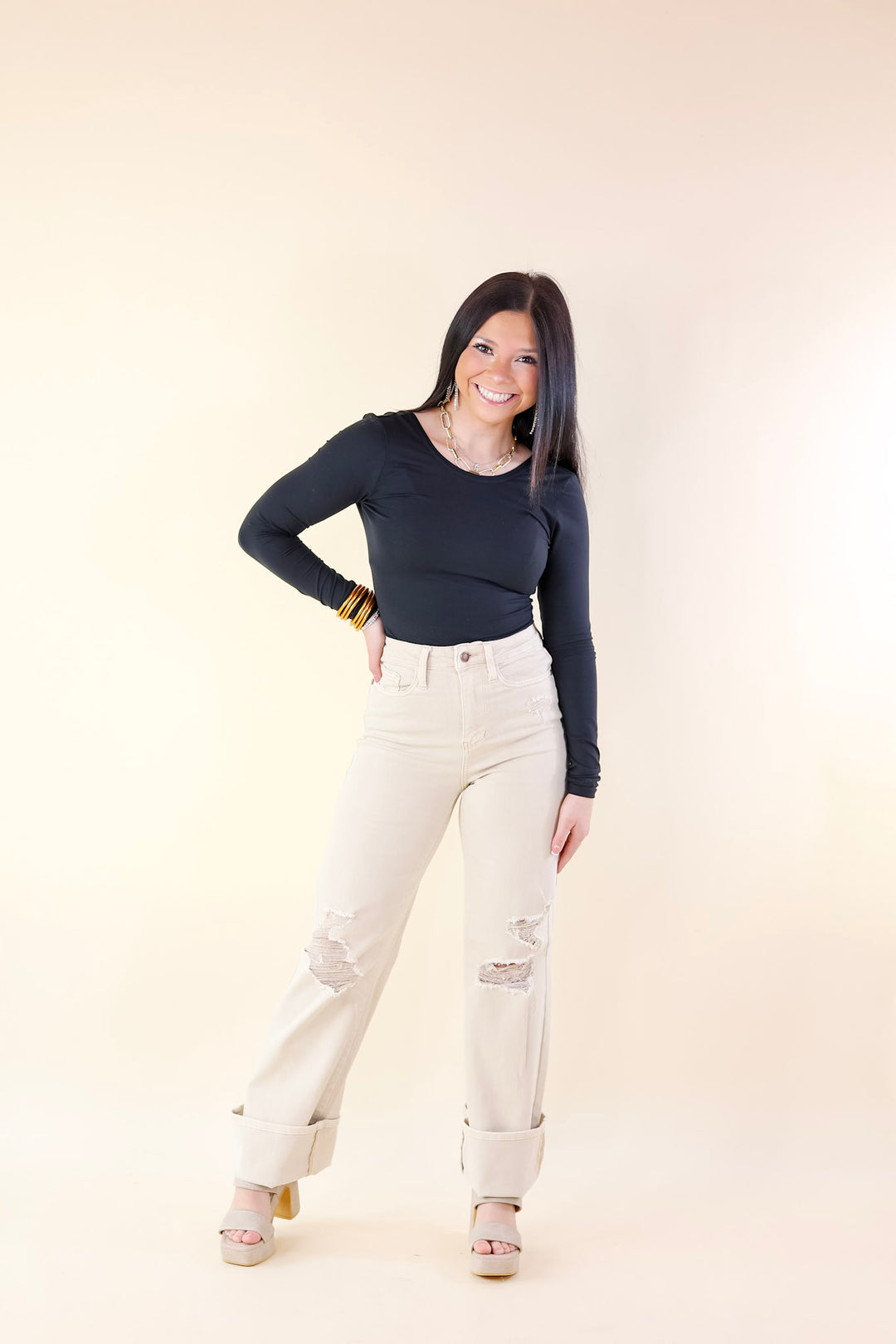 Judy Blue | Retro Rebel Garment Dyed 90's Destroy Knee Straight Leg Jeans in Bone Cream - Giddy Up Glamour Boutique