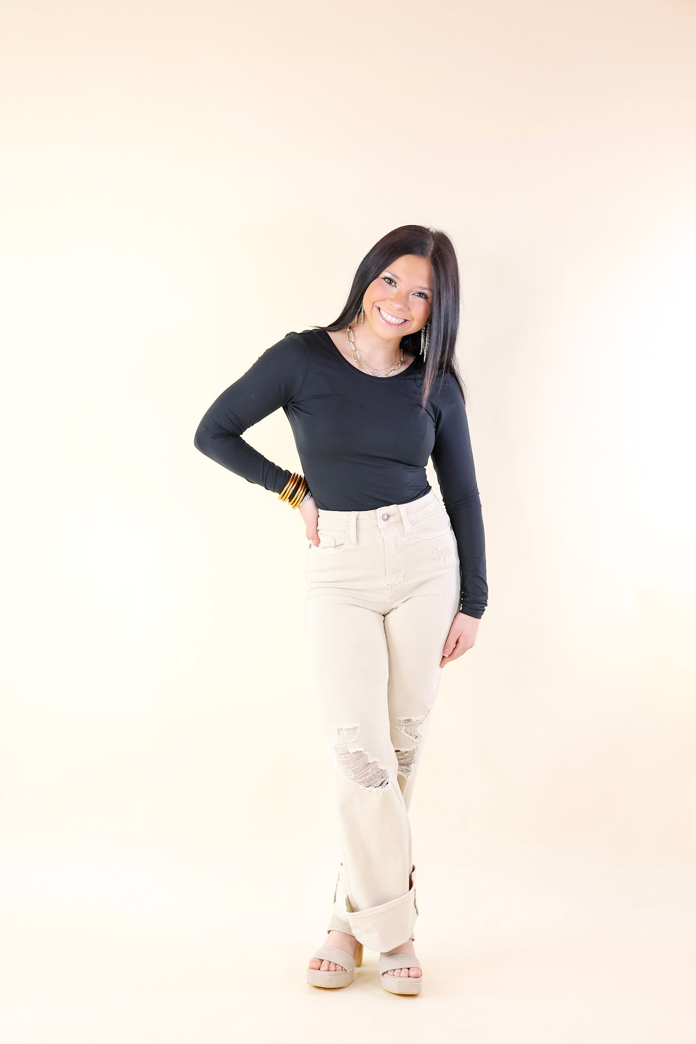 Judy Blue | Retro Rebel Garment Dyed 90's Destroy Knee Straight Leg Jeans in Bone Cream - Giddy Up Glamour Boutique