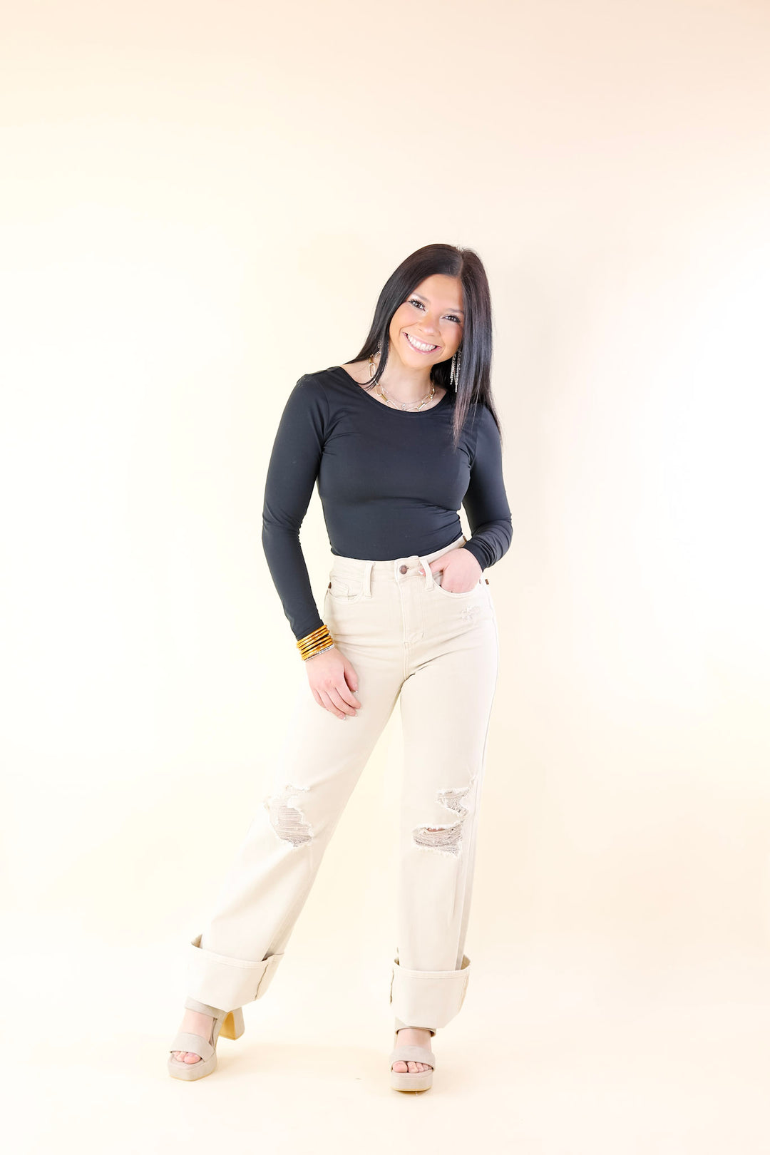 Judy Blue | Retro Rebel Garment Dyed 90's Destroy Knee Straight Leg Jeans in Bone Cream - Giddy Up Glamour Boutique