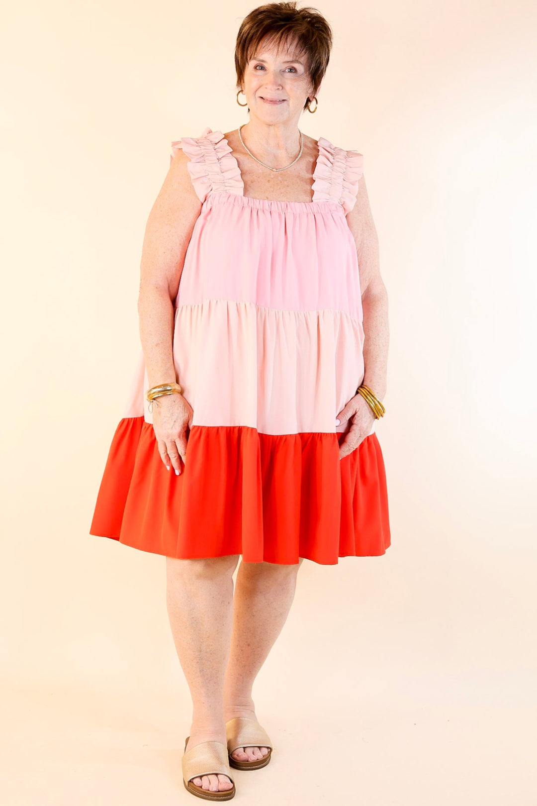 Whisk Me Away Ruched Strap Color Block Dress in Pink Mix