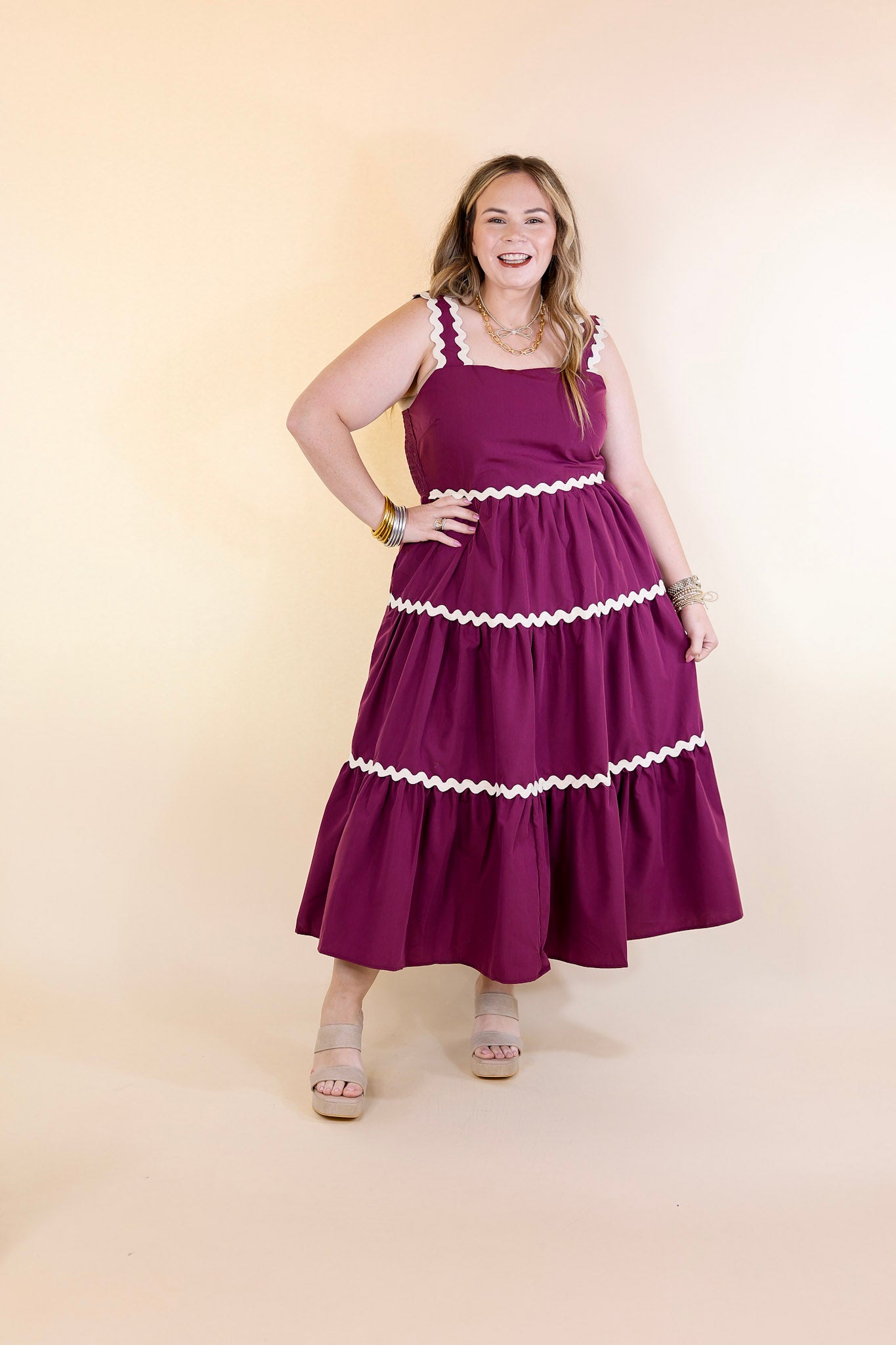 Timeless Twirl Midi Dress with Rickrack Detailing in Plum Maroon