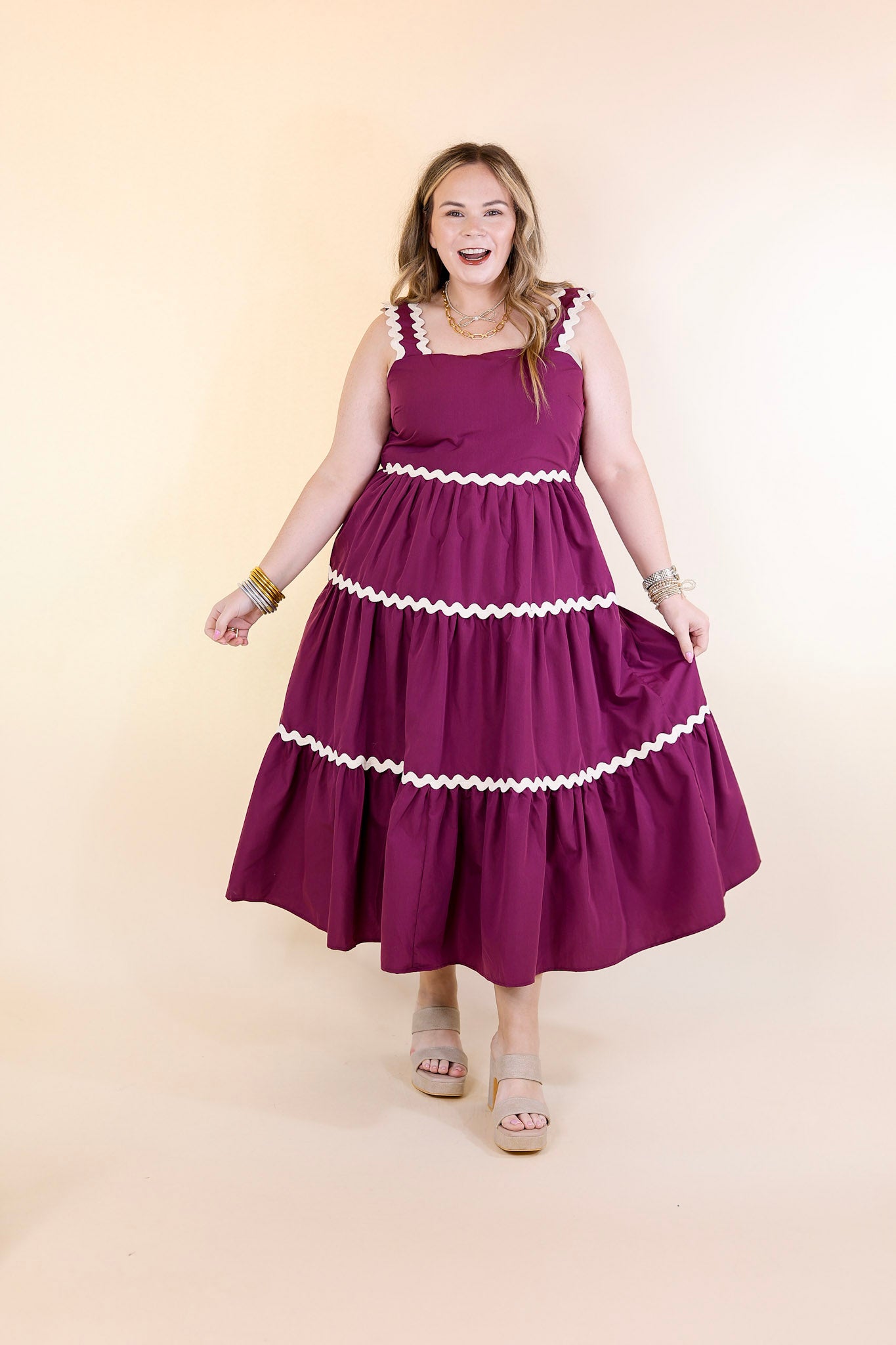 Timeless Twirl Midi Dress with Rickrack Detailing in Plum Maroon