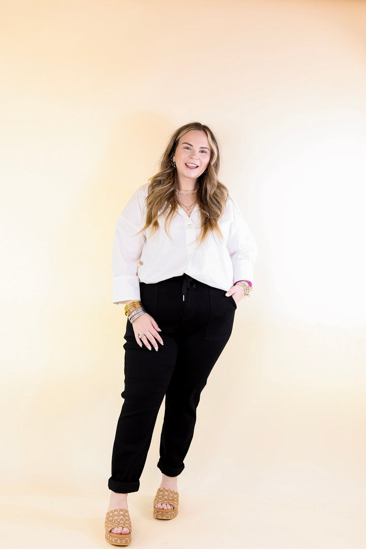 Last Chance Size 0, 1, 20W & 22W | Judy Blue | Keep It A Secret Relaxed Pull on Denim Jean Joggers in Jet Black