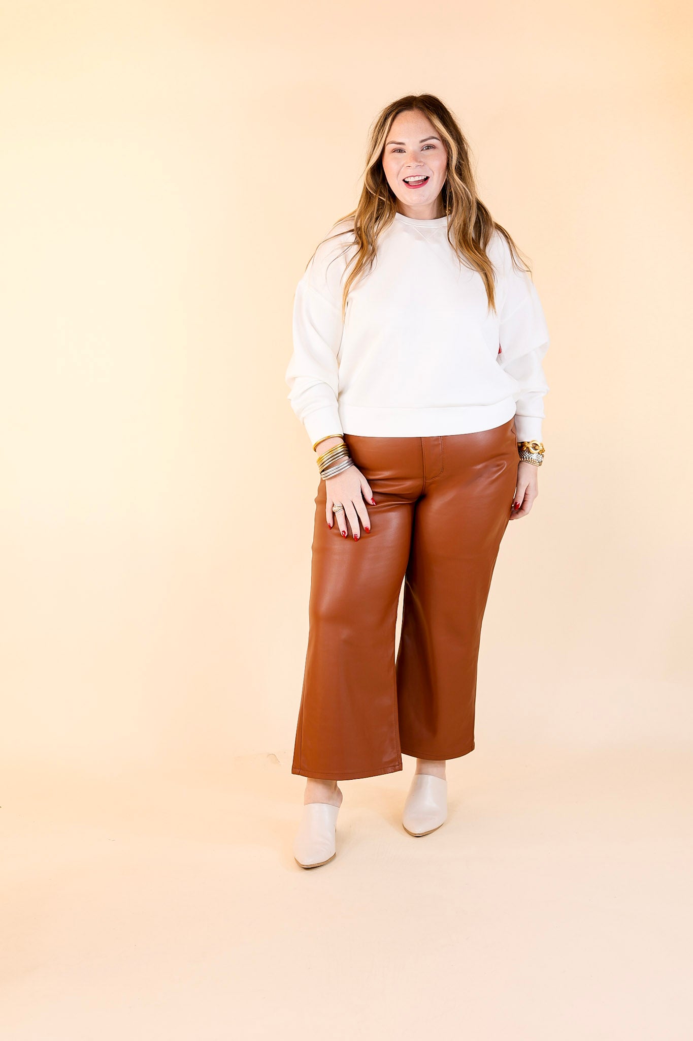 Judy Blue | Instant Icon Tummy Control Faux Leather Cropped Wide Leg Pant in Camel Brown