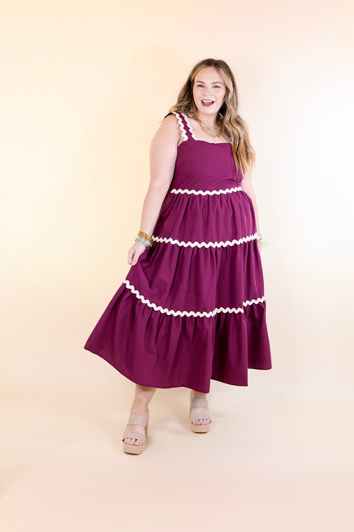 Timeless Twirl Midi Dress with Rickrack Detailing in Plum Maroon