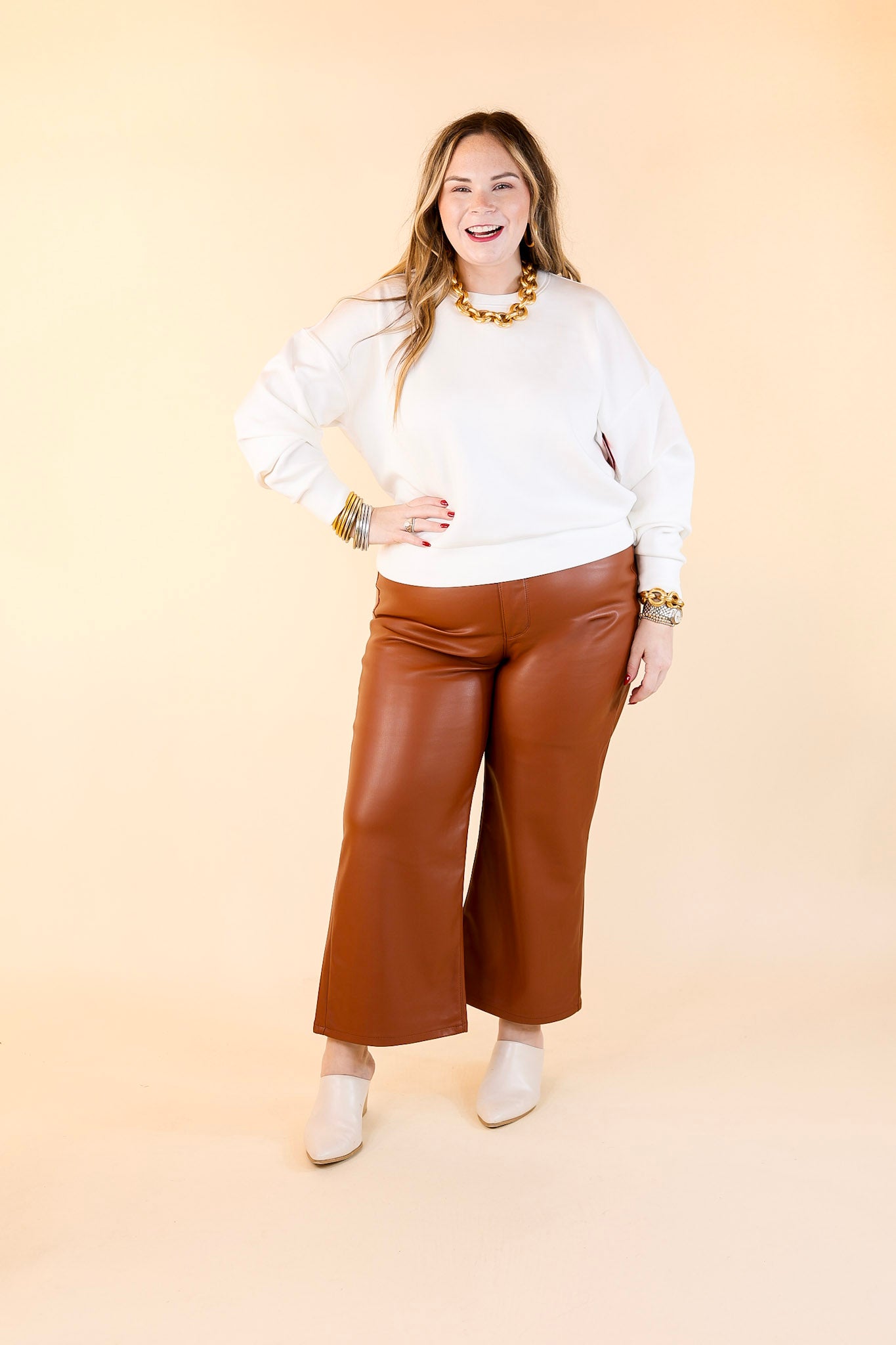 Judy Blue | Instant Icon Tummy Control Faux Leather Cropped Wide Leg Pant in Camel Brown