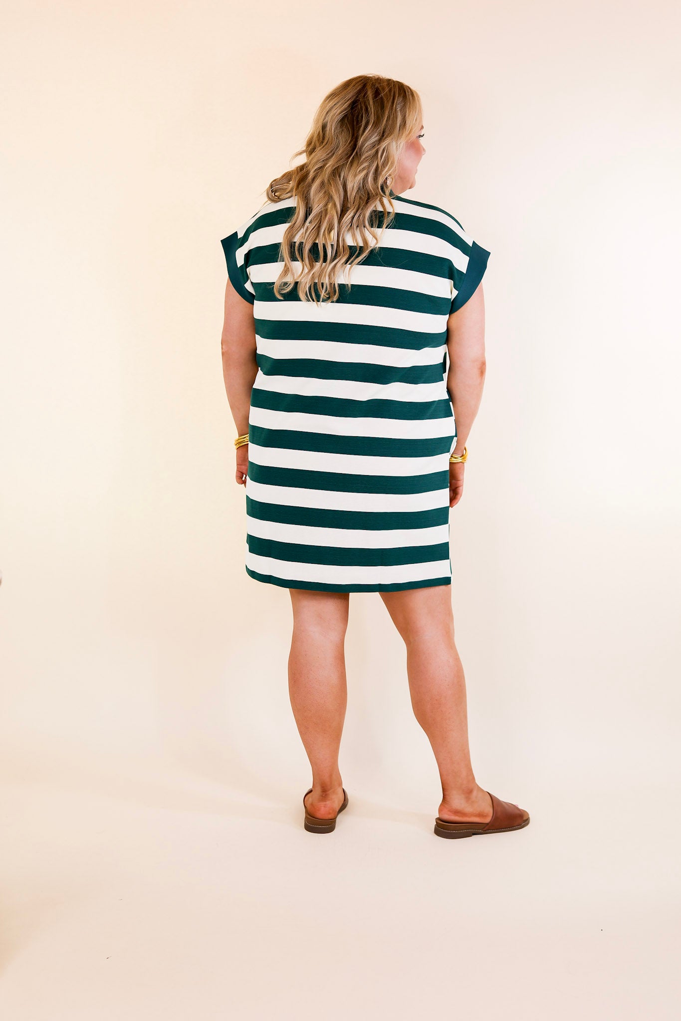 Stripe it Simple Striped Dress with Cap Sleeves in Forest Green and Cream