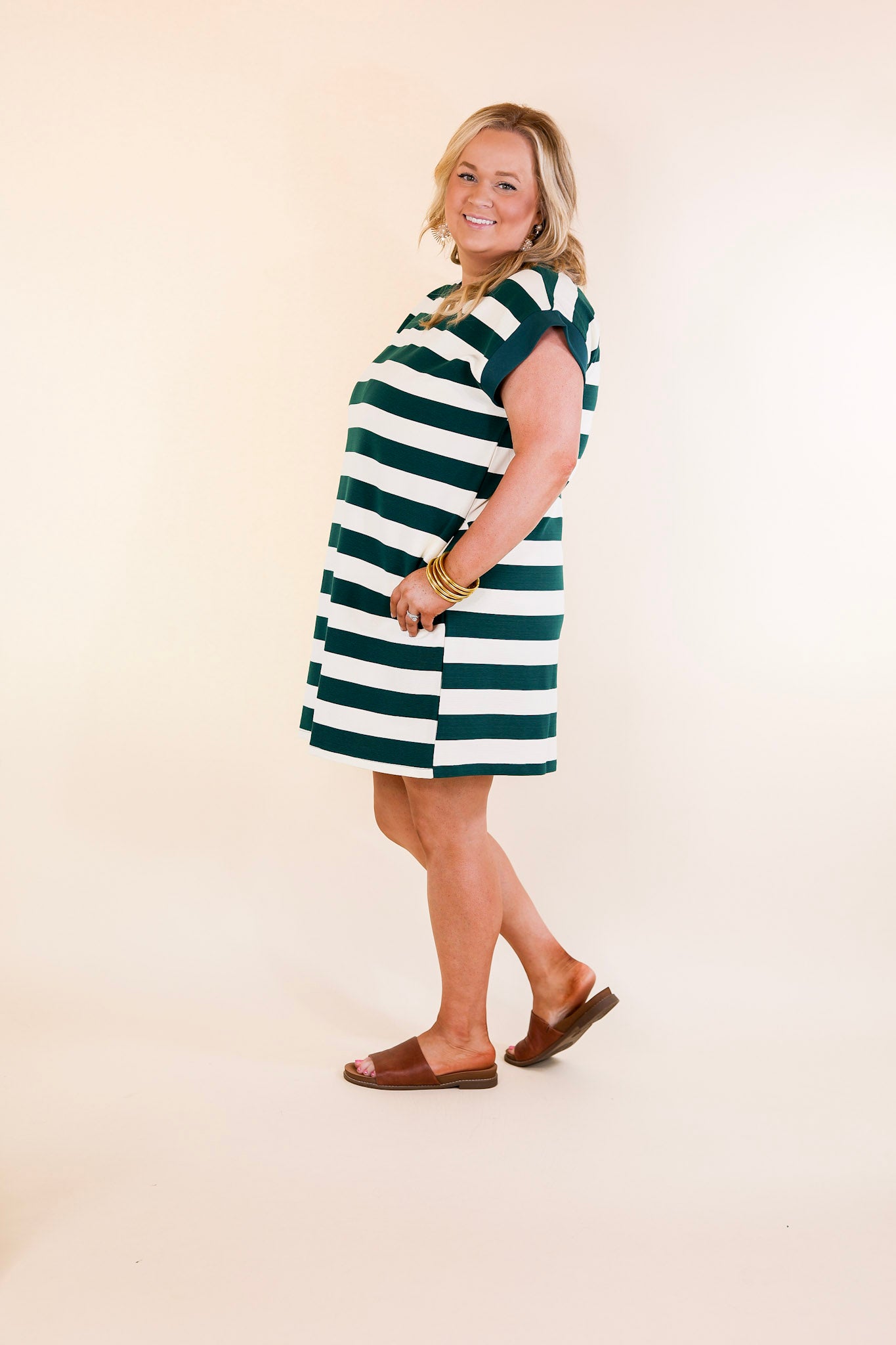 Stripe it Simple Striped Dress with Cap Sleeves in Forest Green and Cream