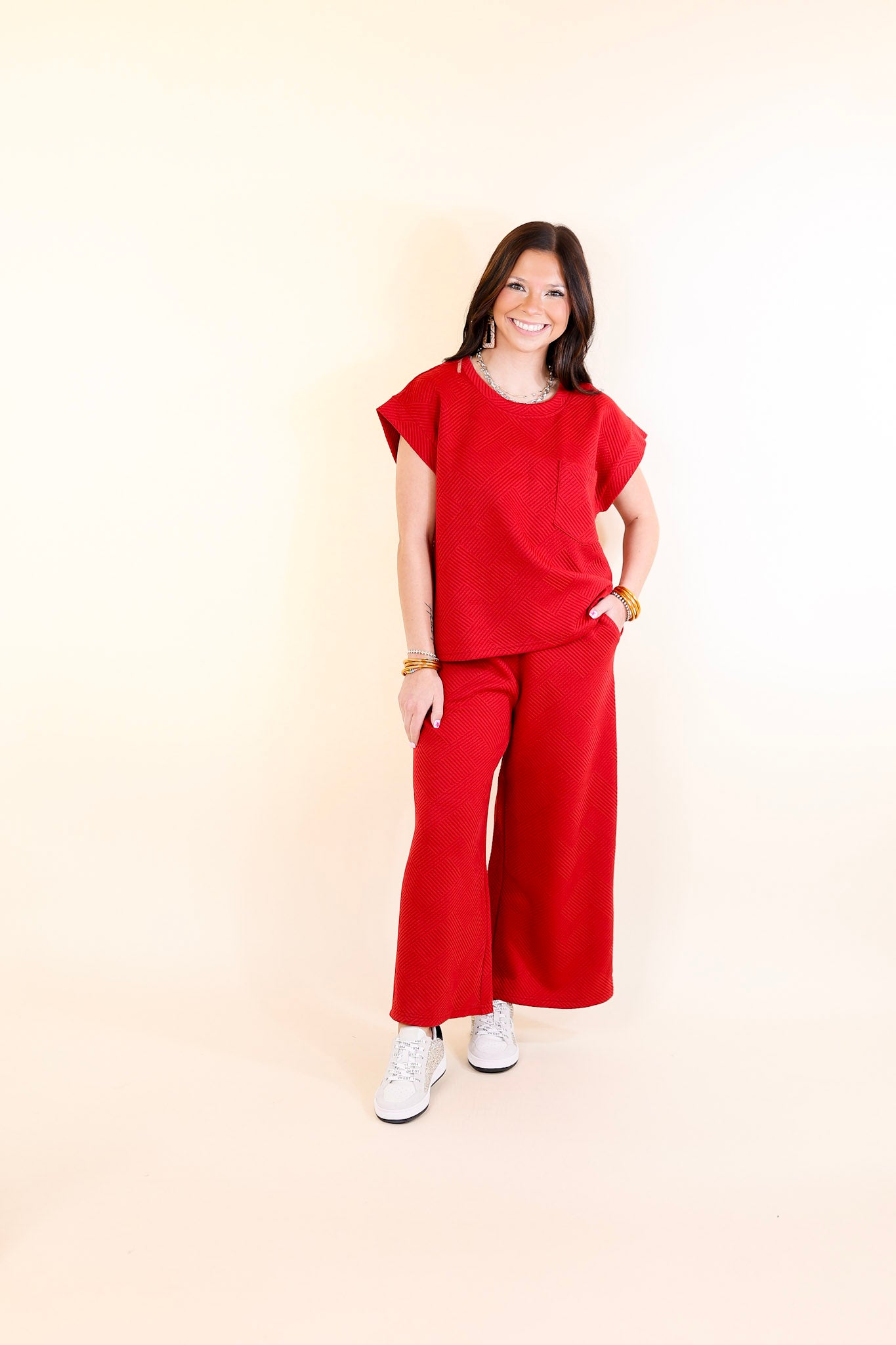 Glamour on the Go Textured Top with Pocket in Scarlet Red