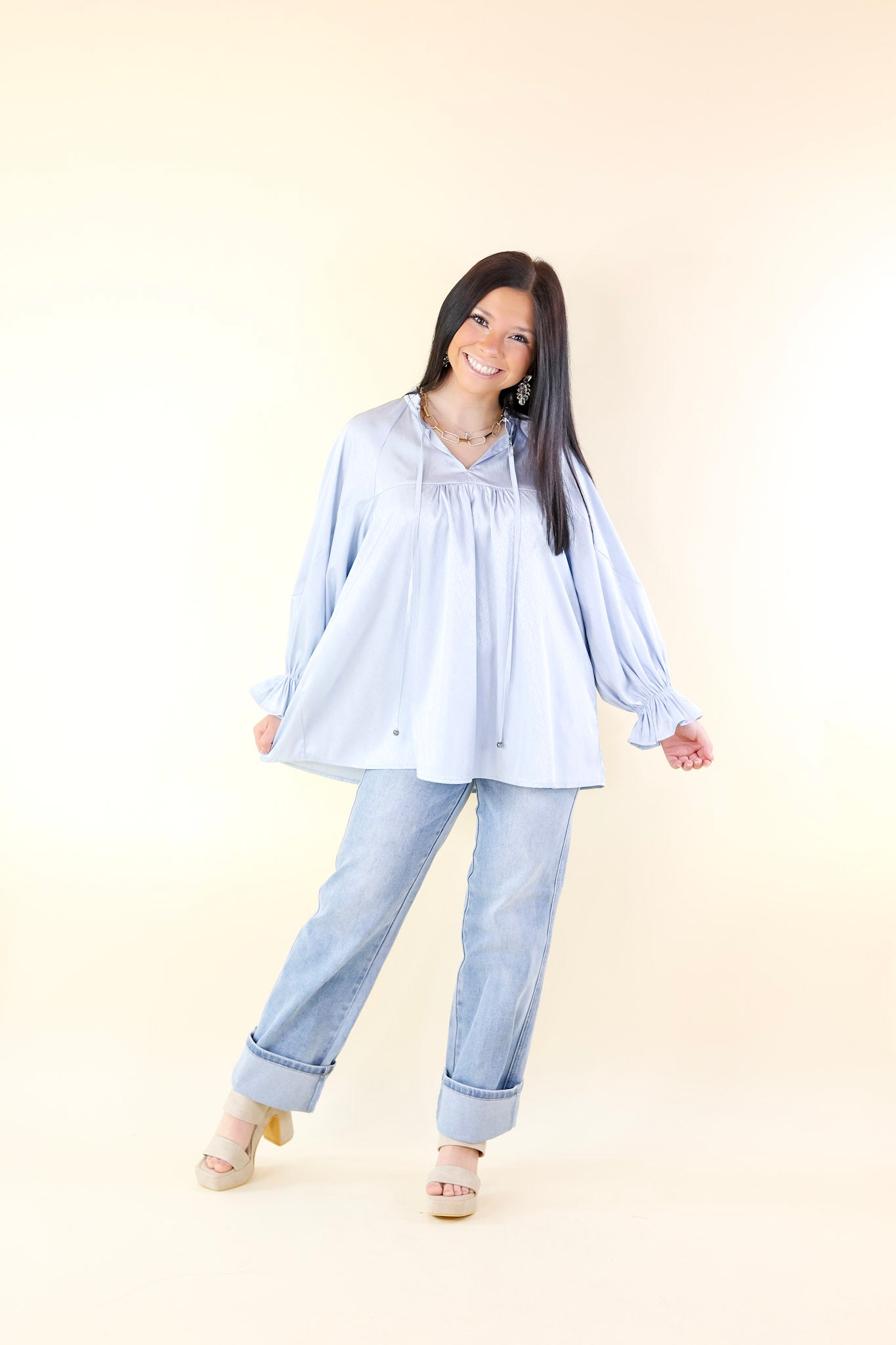 Sunset Situation Front Tie Keyhole Blouse in Light Blue - Giddy Up Glamour Boutique