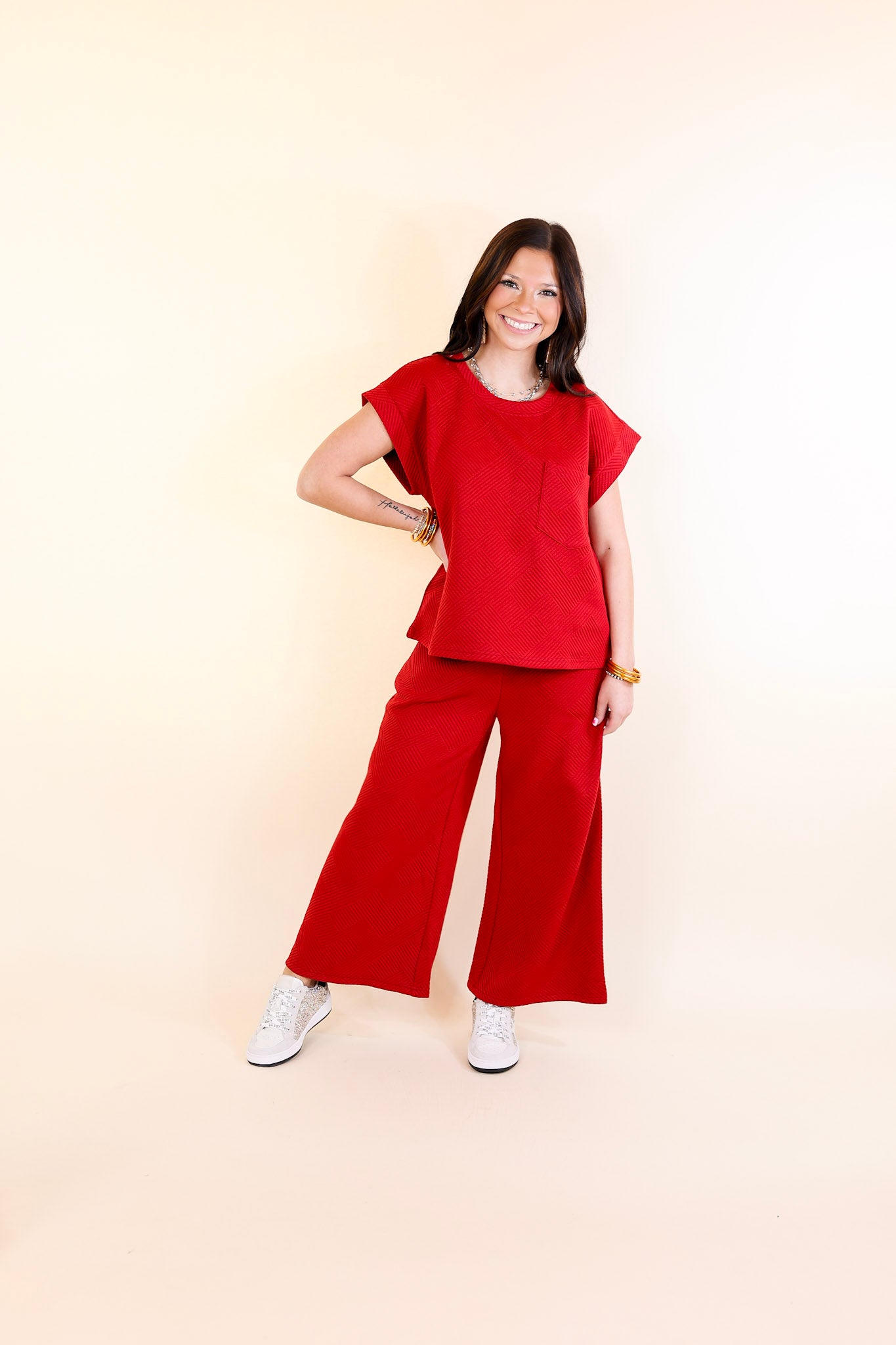 Glamour on the Go Textured Wide Leg Pant in Scarlet Red