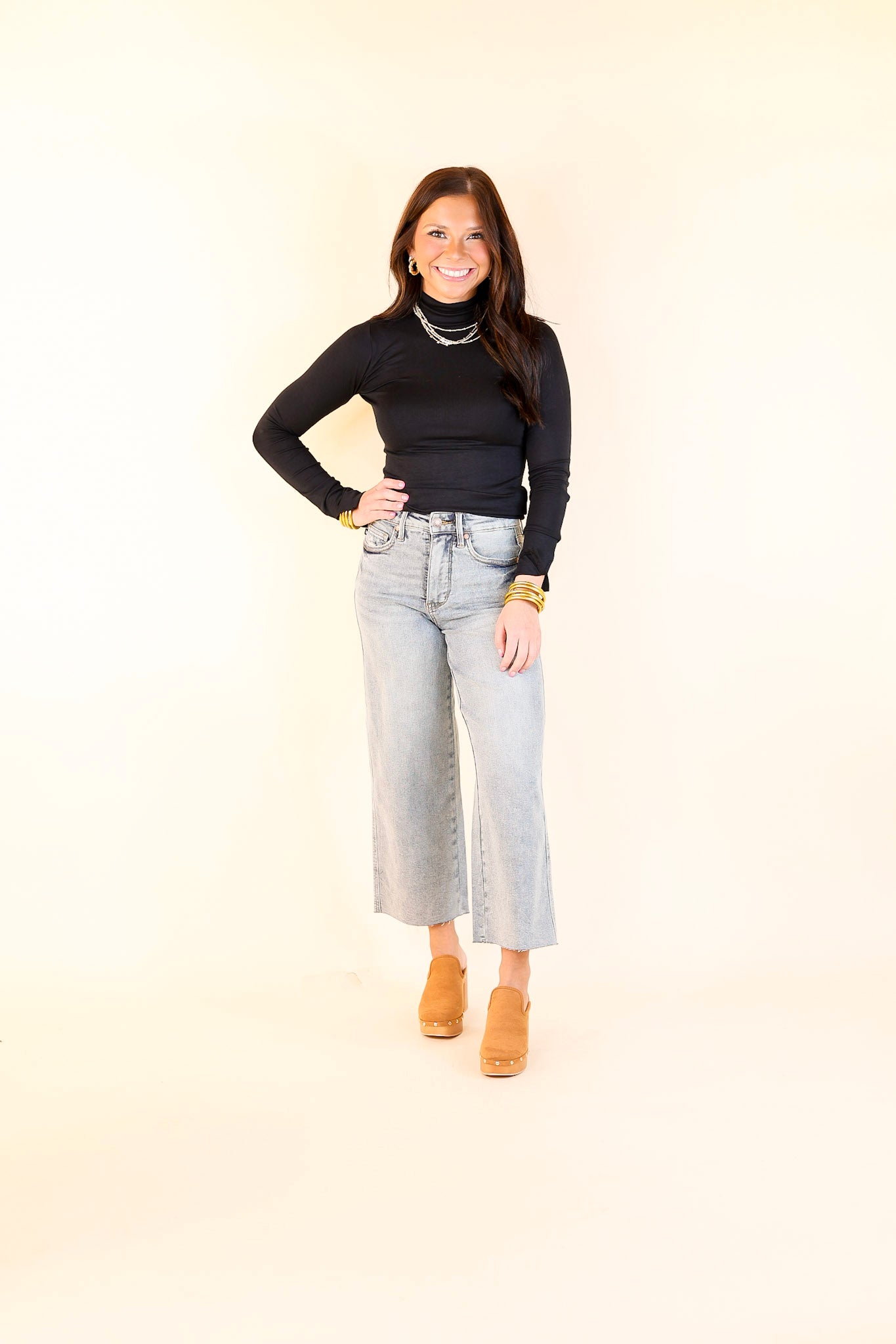 Judy Blue | Casual Confidence Mid Rise Tummy Control Cropped Wide Leg Jean with Raw Hem in Light Wash