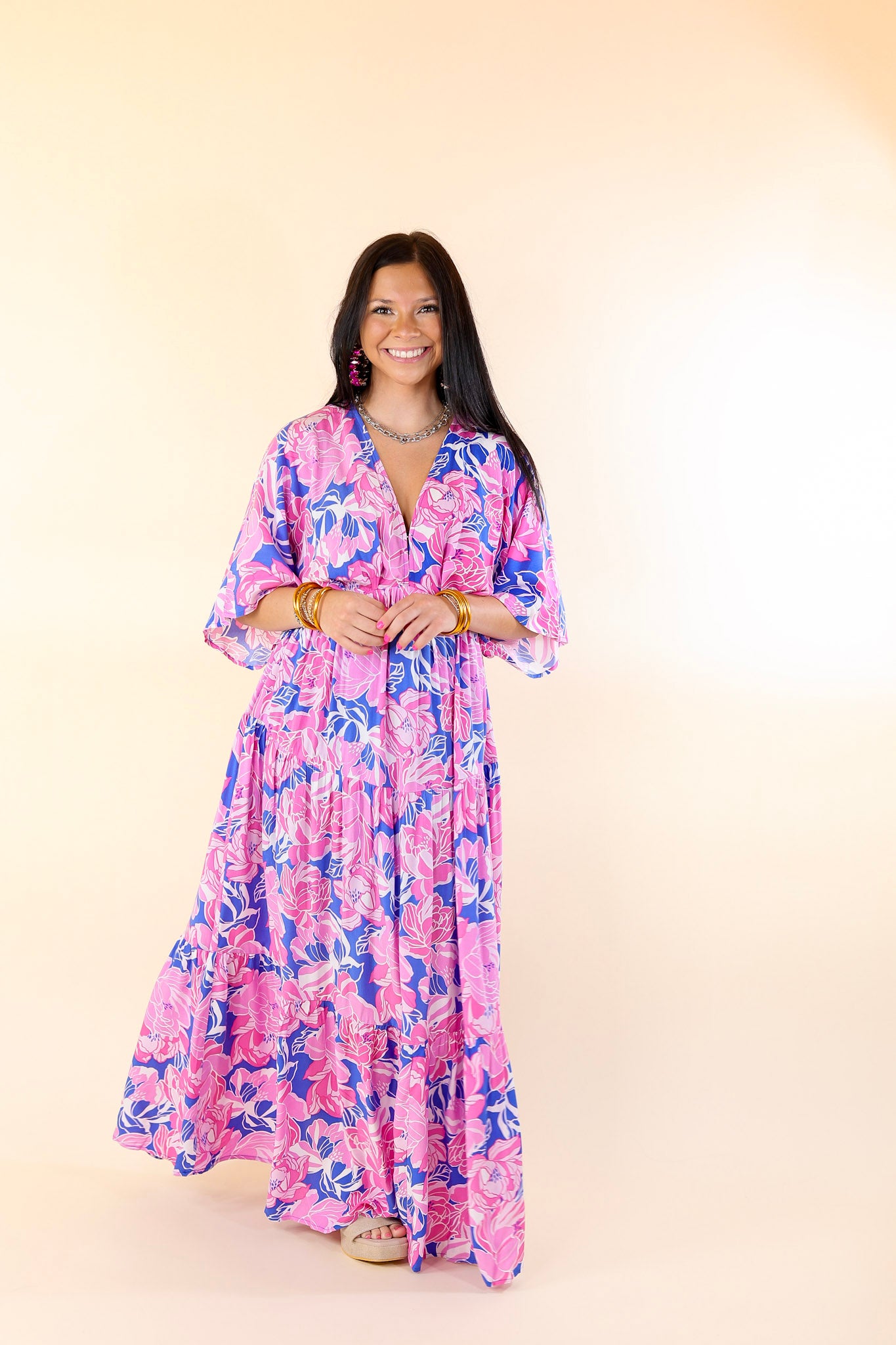 Waving Hello Floral Maxi Dress with V Neckline in Blue and Pink