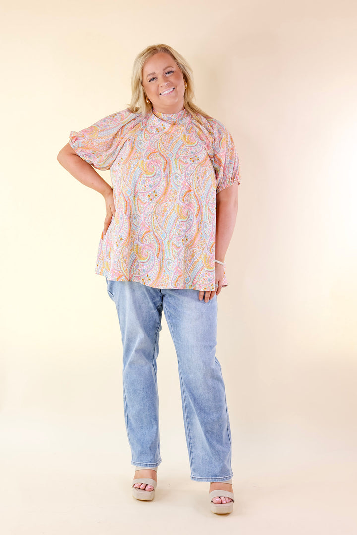 Malibu Pier High-Neck Short Sleeve Top with Open Tie Back in White Multi - Giddy Up Glamour Boutique