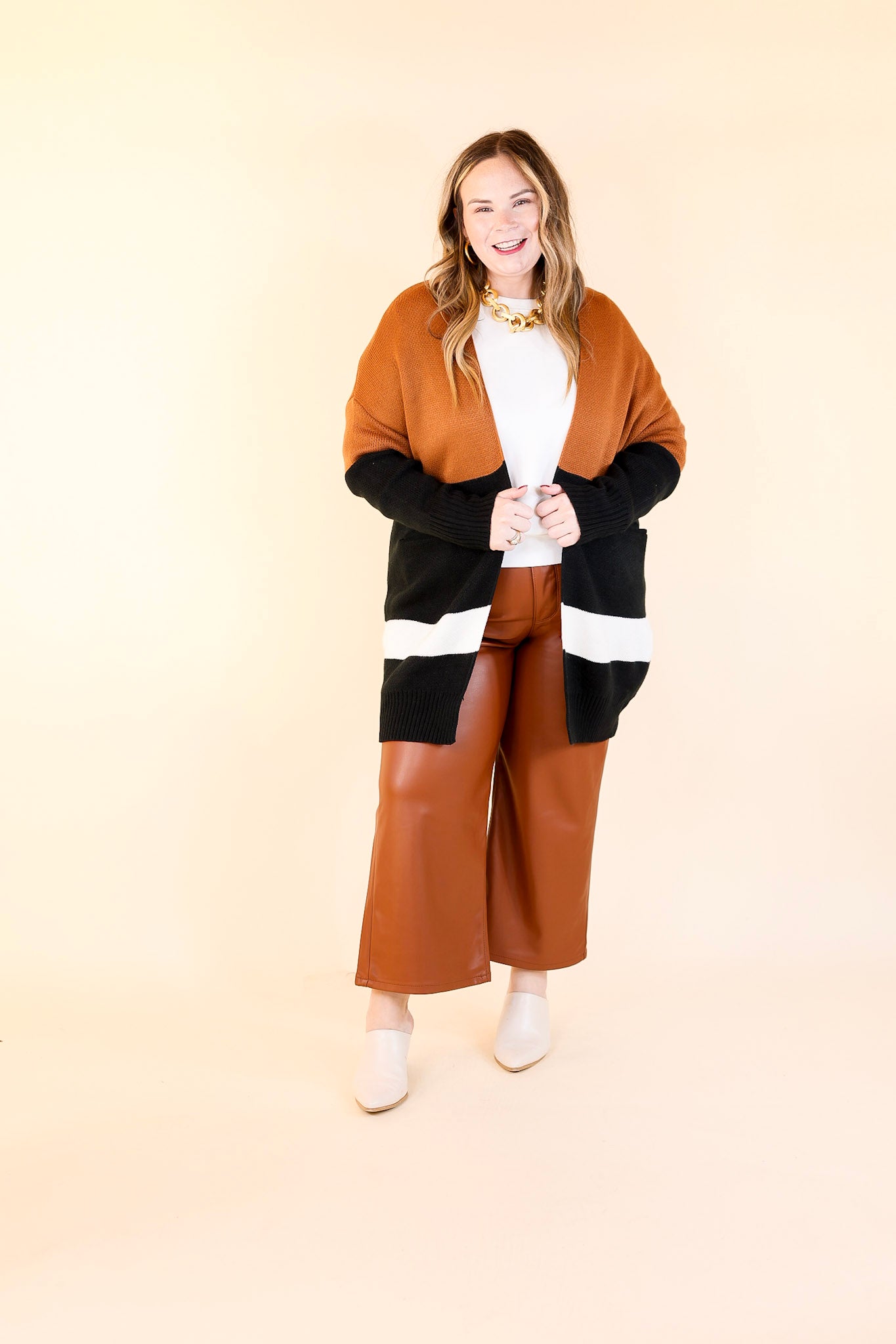 Bonfire Date Color Block Cardigan in Rust Brown