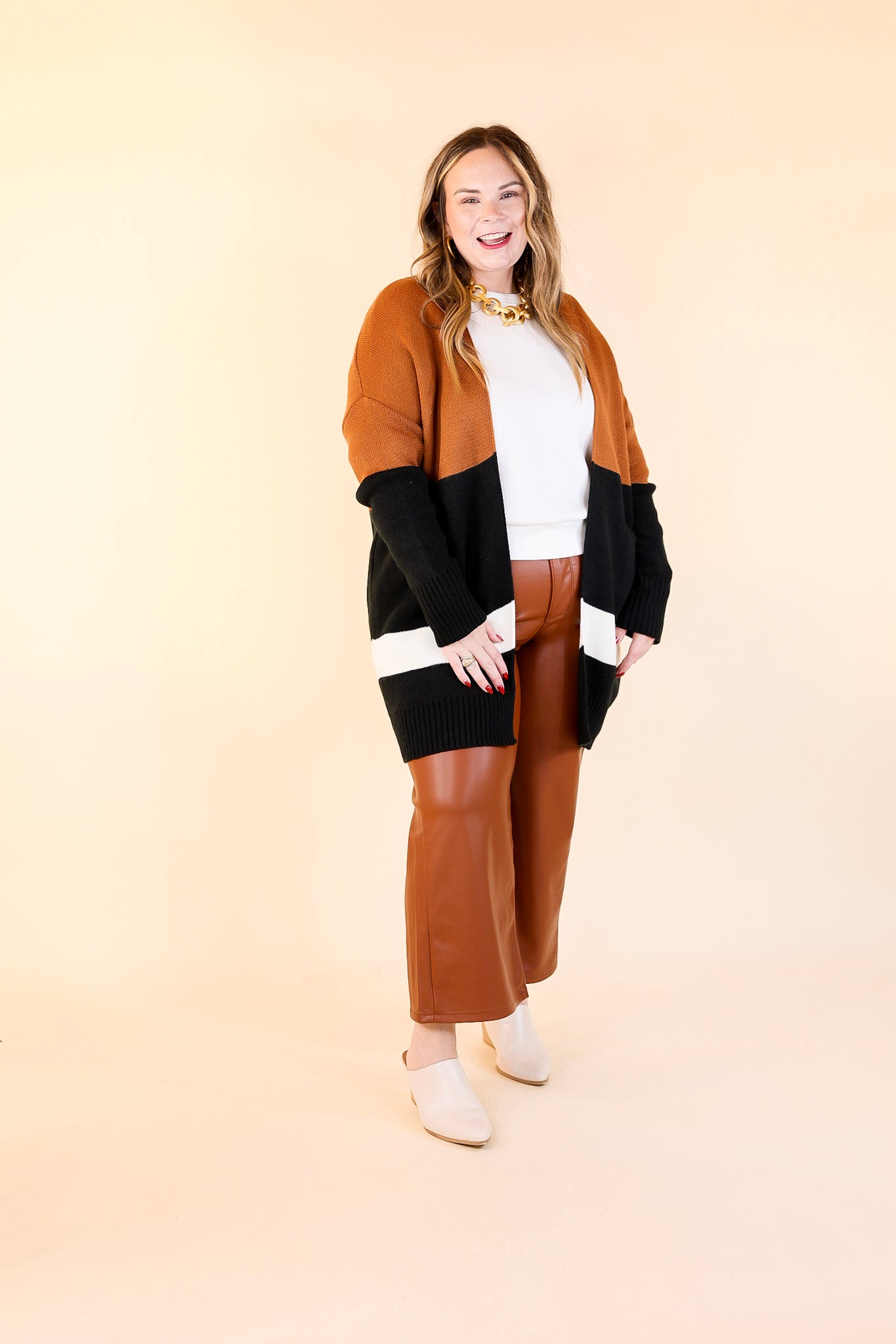 Bonfire Date Color Block Cardigan in Rust Brown