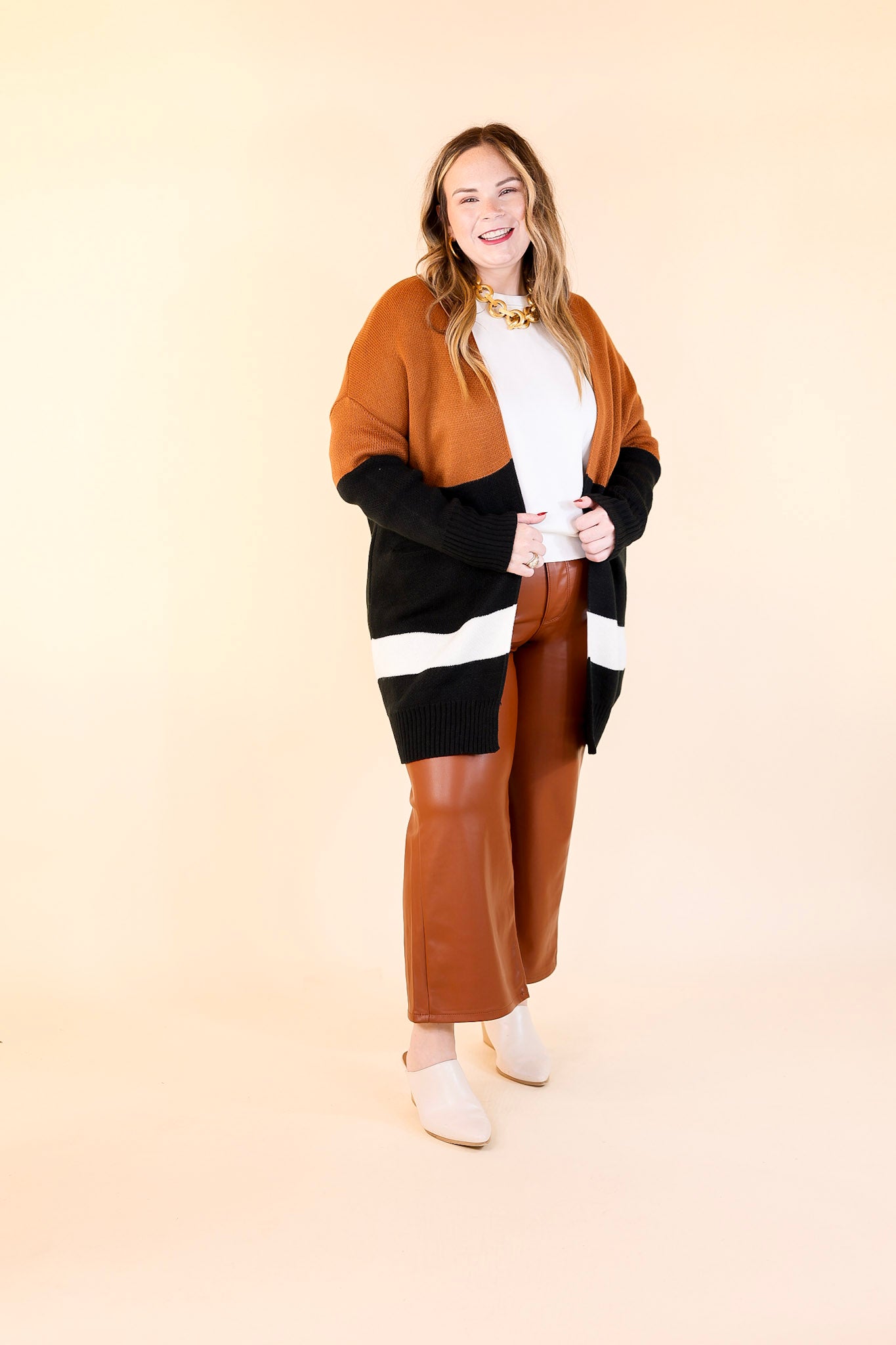 Bonfire Date Color Block Cardigan in Rust Brown