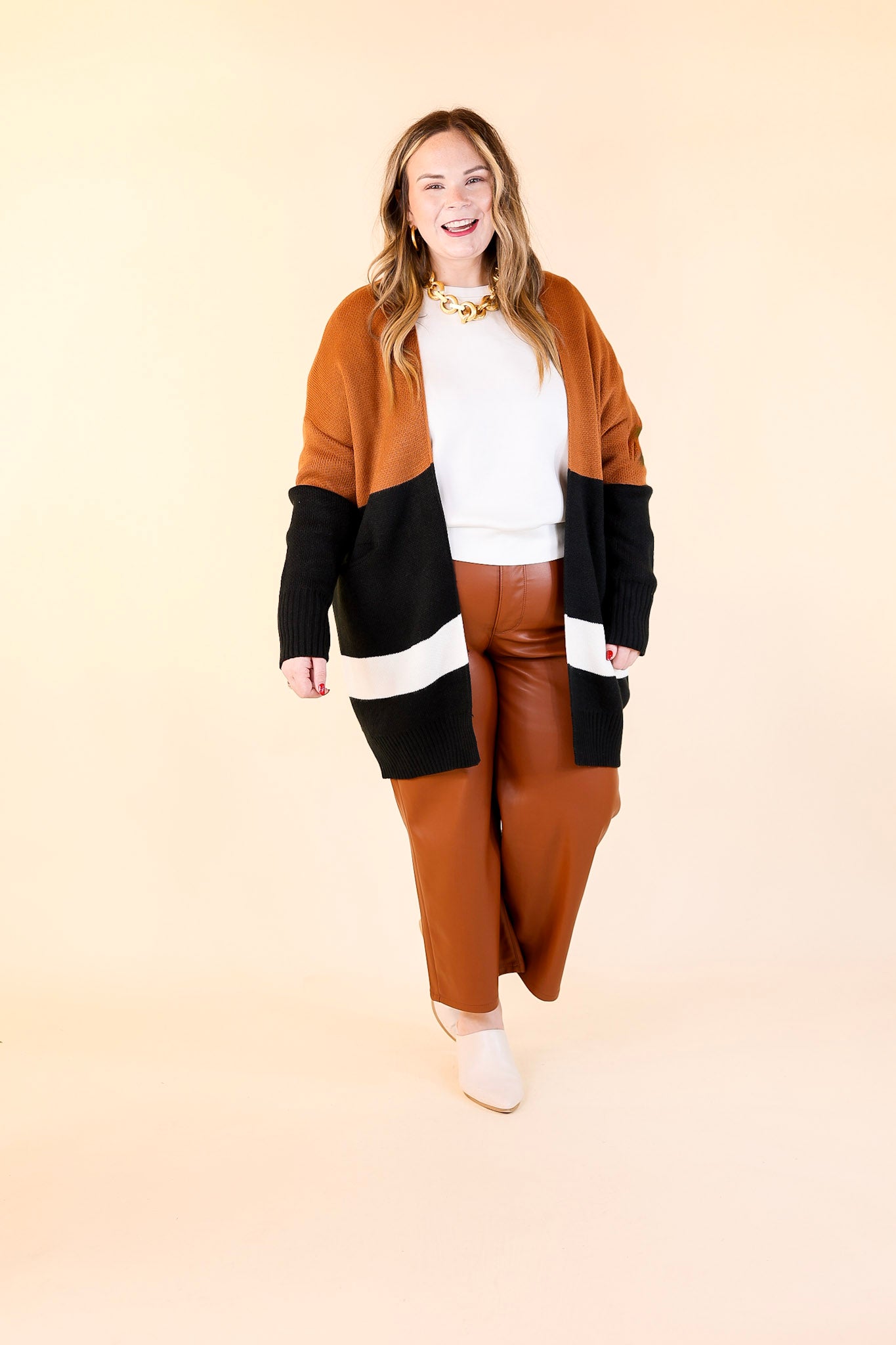 Bonfire Date Color Block Cardigan in Rust Brown