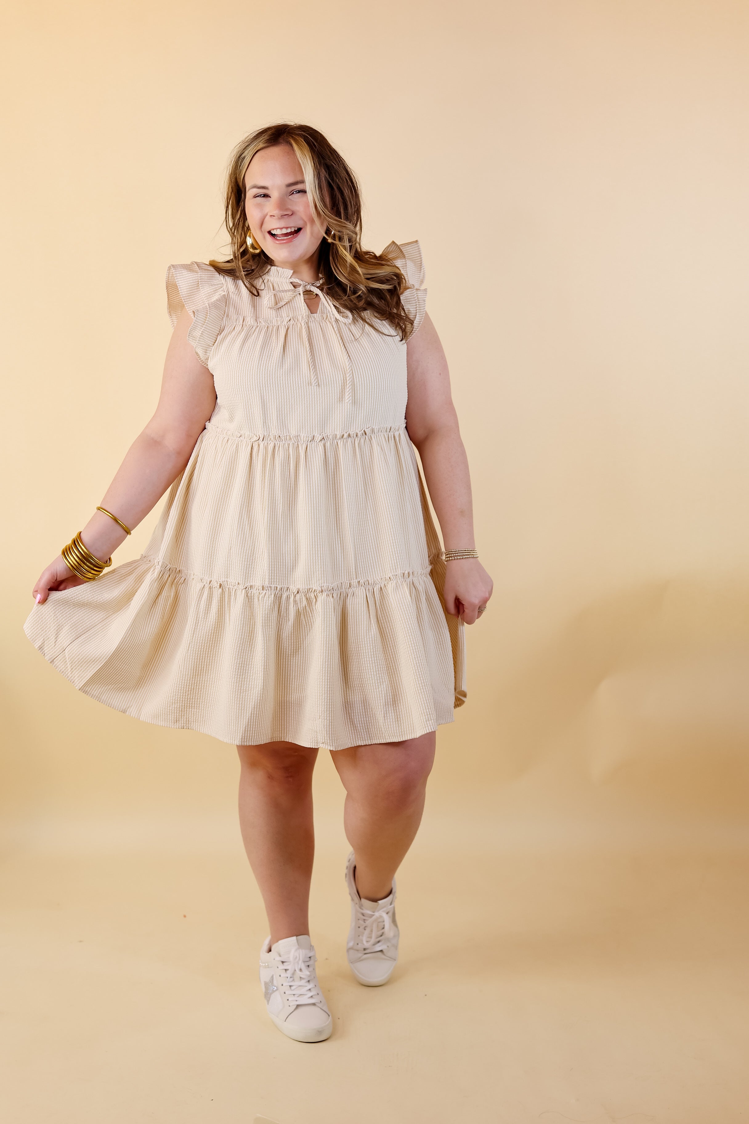 Beachfront Bliss Pin Stripe Dress with Keyhole and Tie Neck in Beige - Giddy Up Glamour Boutique