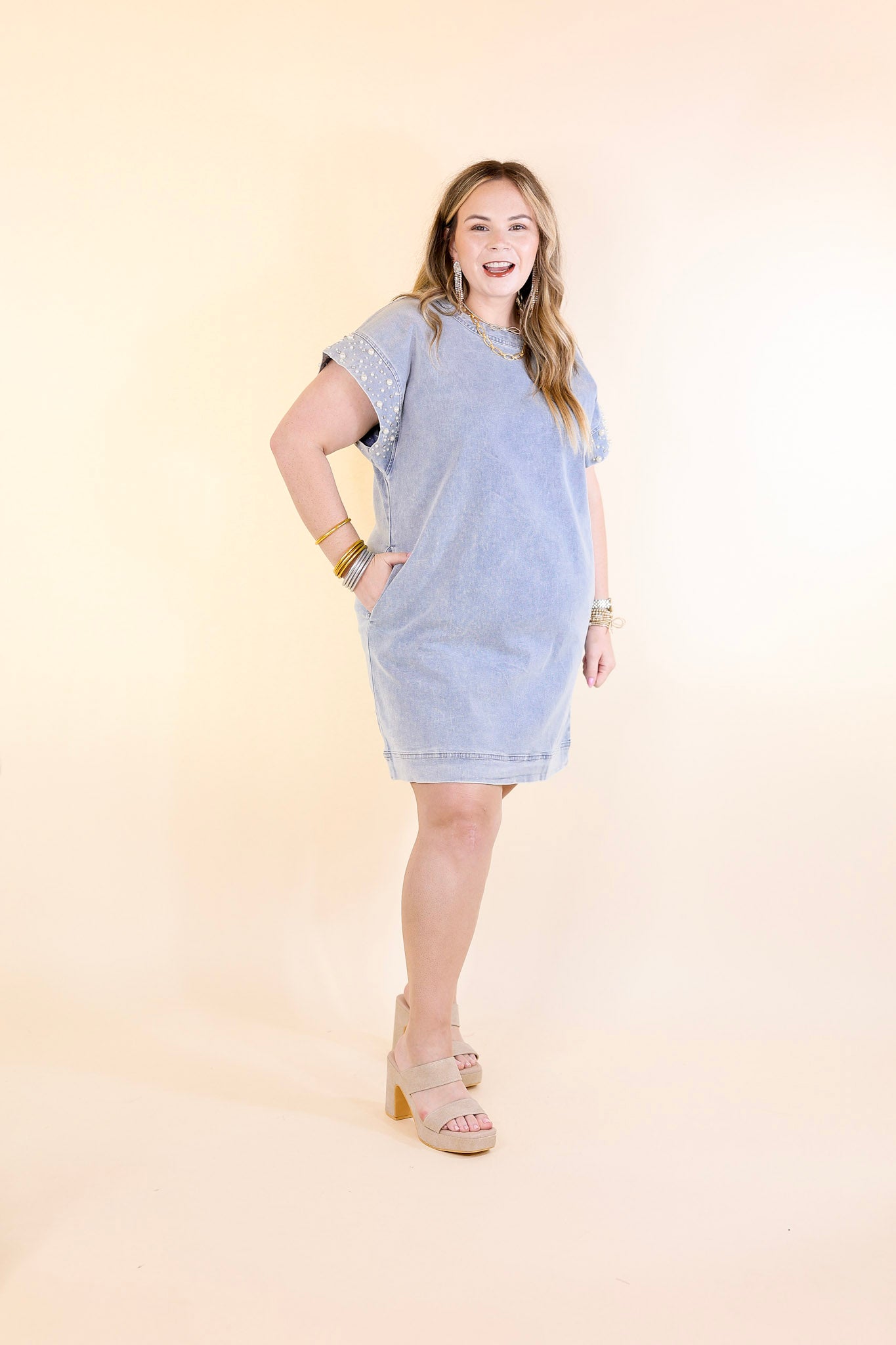 Dance All Night Denim Dress with Pearls and Crystals in Light Wash