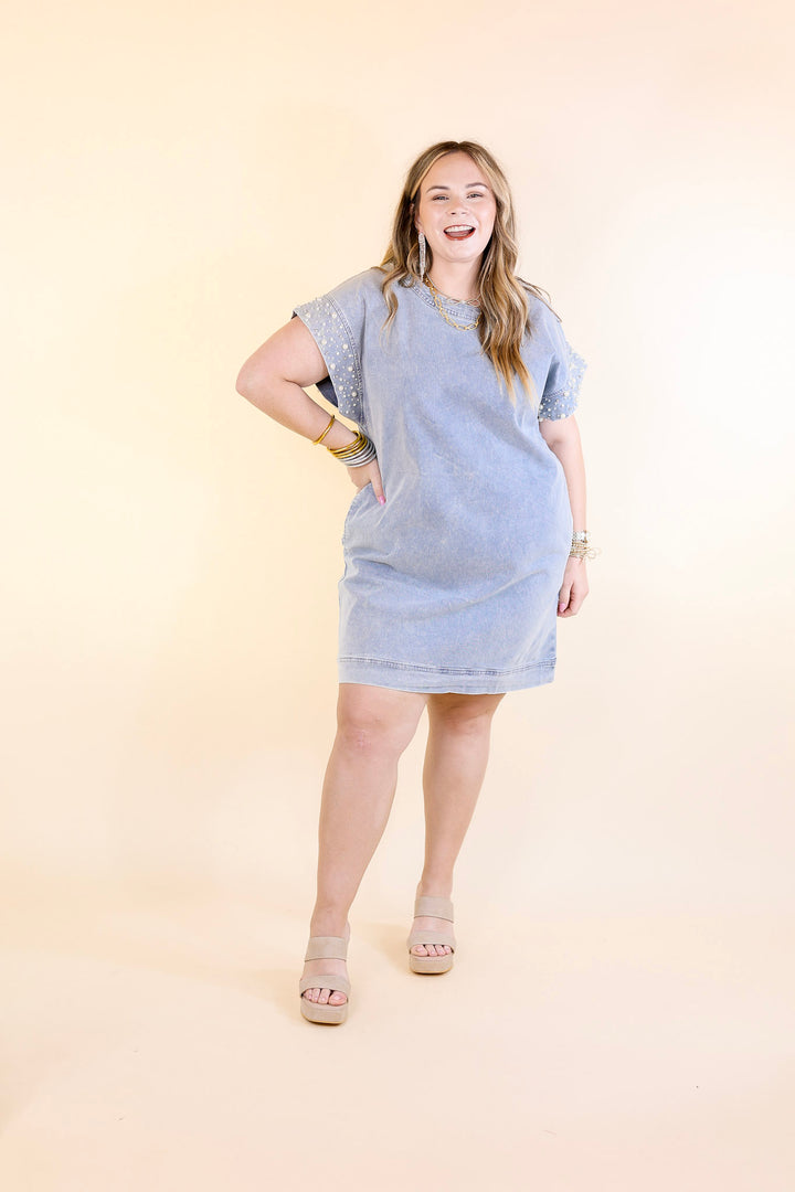 Dance All Night Denim Dress with Pearls and Crystals in Light Wash
