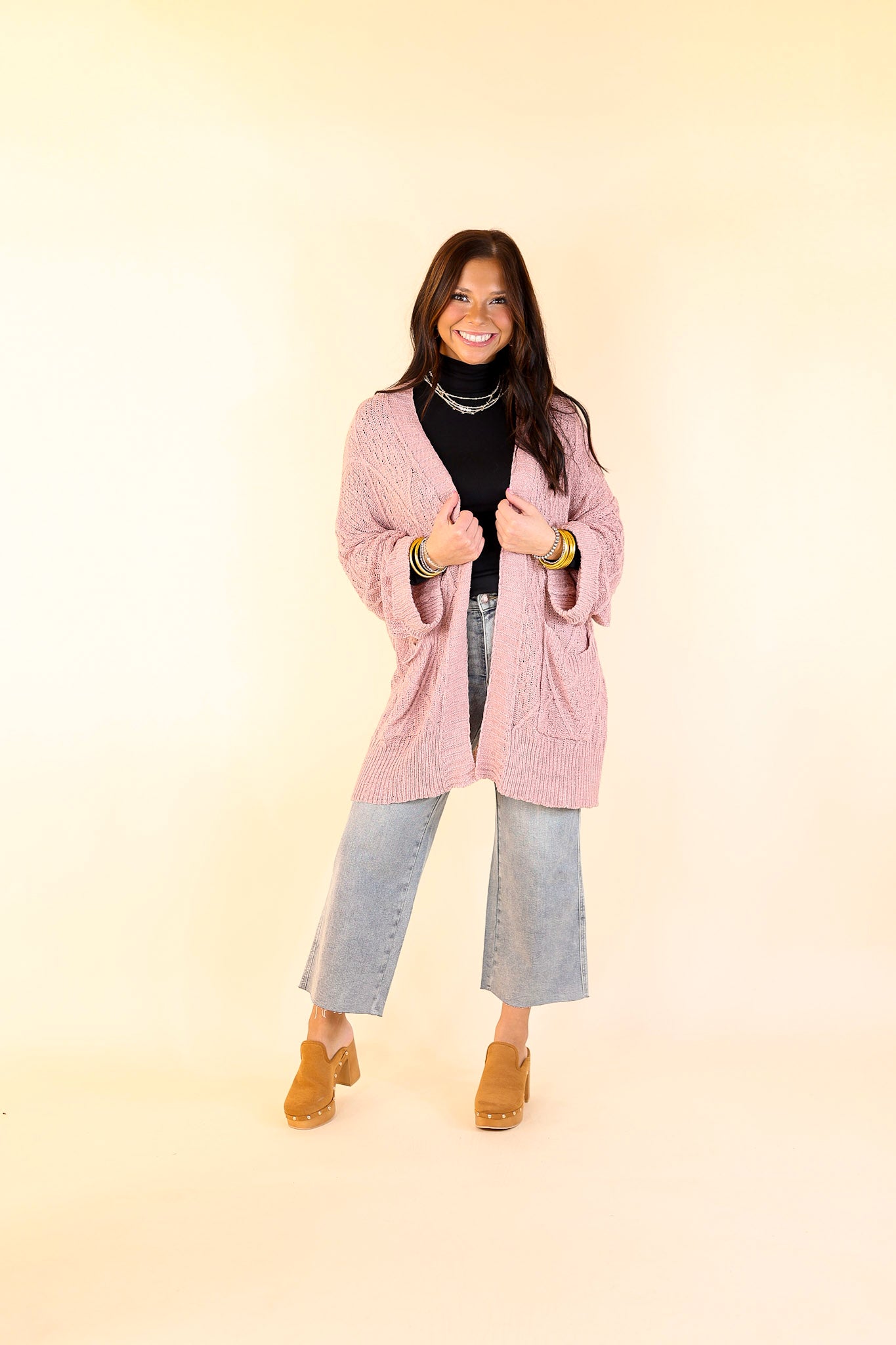 Fashionable Comfort Knit Cardigan with Pockets in Mauve