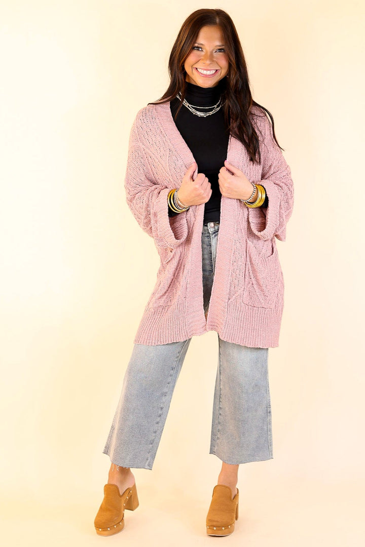 Fashionable Comfort Knit Cardigan with Pockets in Mauve