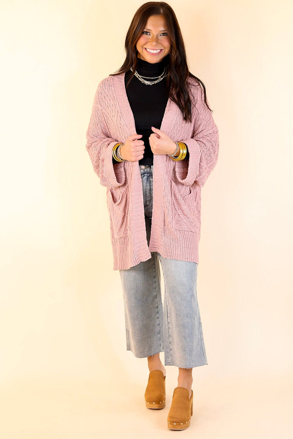 Fashionable Comfort Knit Cardigan with Pockets in Mauve