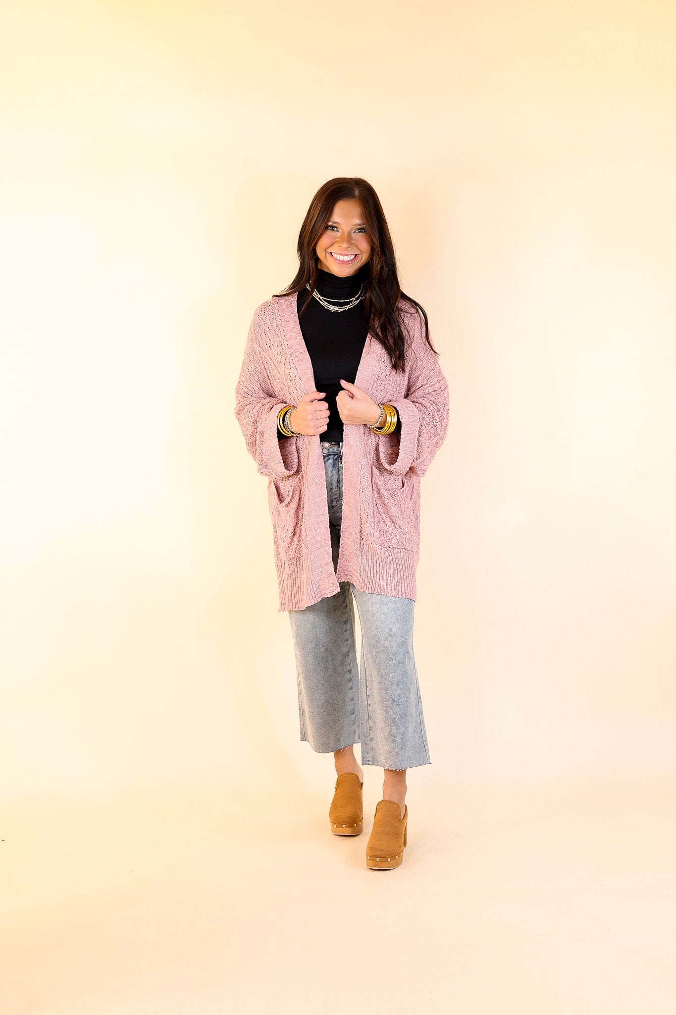 Fashionable Comfort Knit Cardigan with Pockets in Mauve