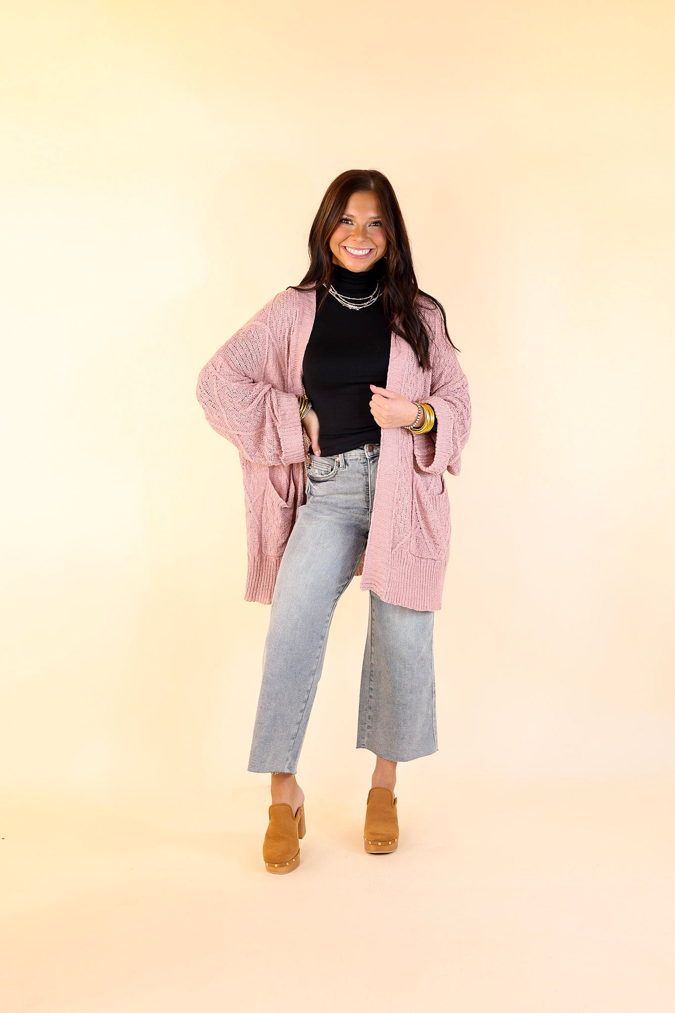 Fashionable Comfort Knit Cardigan with Pockets in Mauve