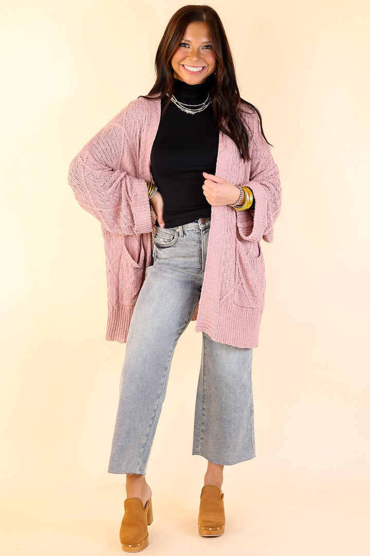 Fashionable Comfort Knit Cardigan with Pockets in Mauve