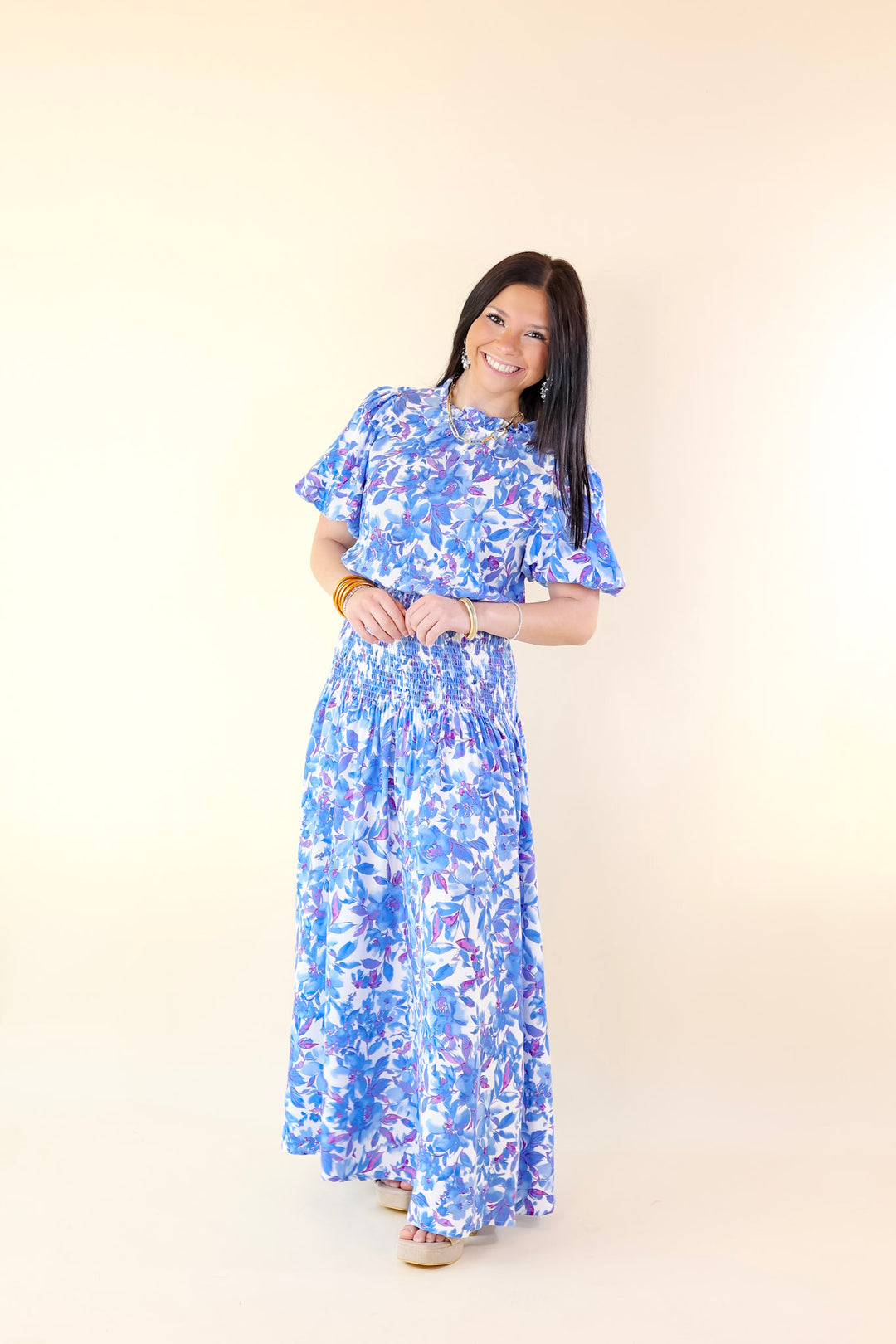 Moonlit Bay Floral High Neck Maxi dress with Smocked Waistline in Blue - Giddy Up Glamour Boutique