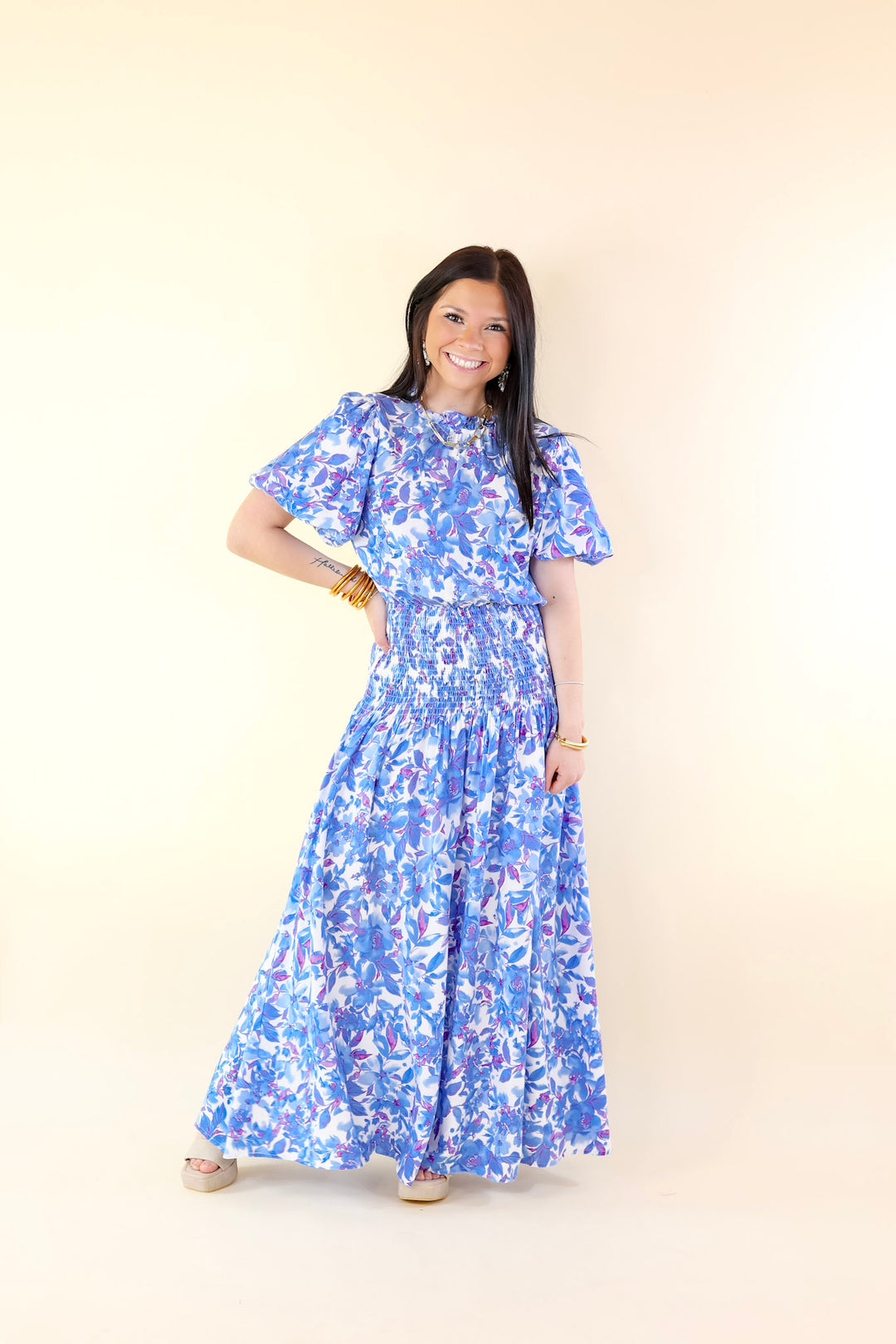 Moonlit Bay Floral High Neck Maxi dress with Smocked Waistline in Blue - Giddy Up Glamour Boutique