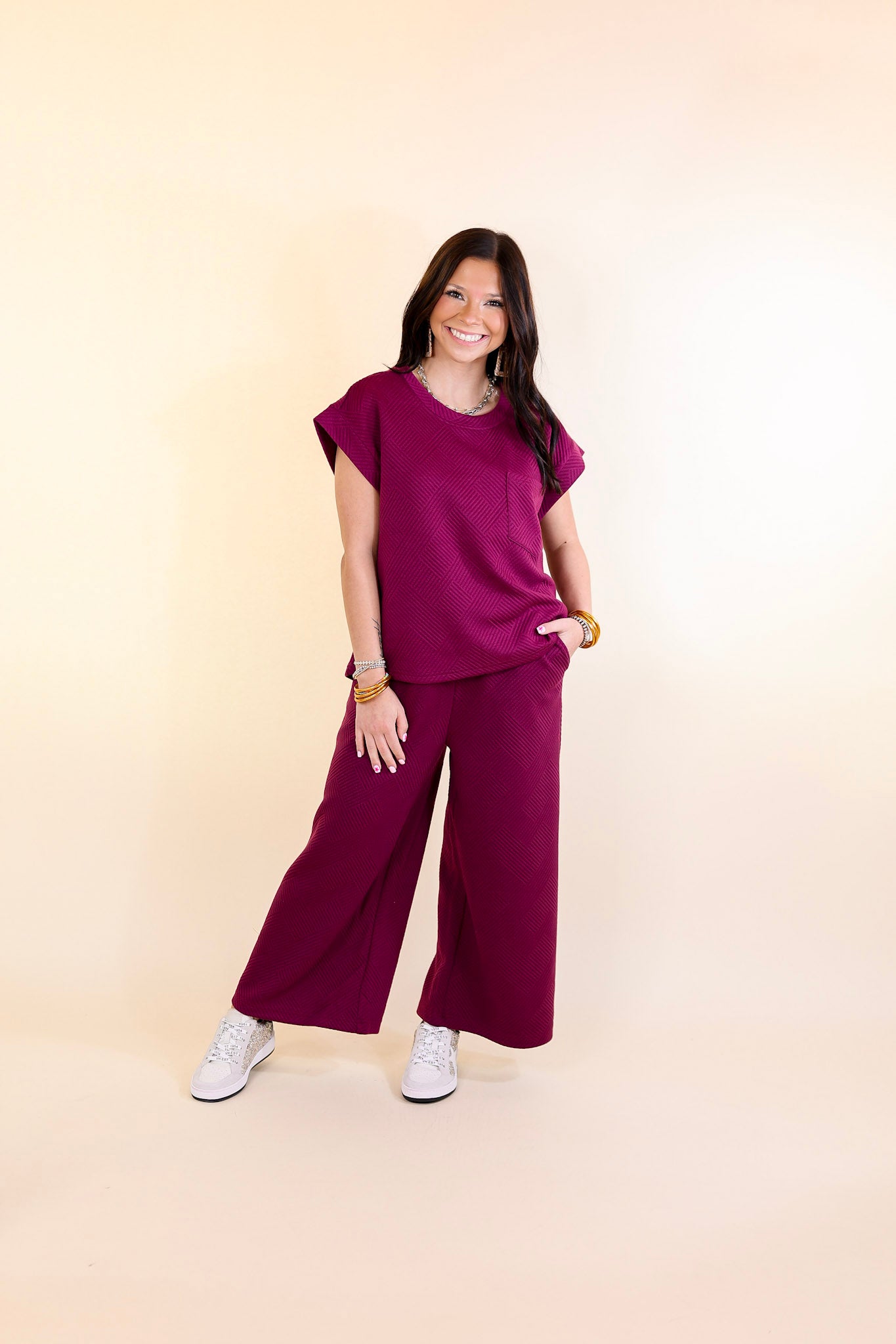 Glamour on the Go Textured Wide Leg Pant in Plum Purple