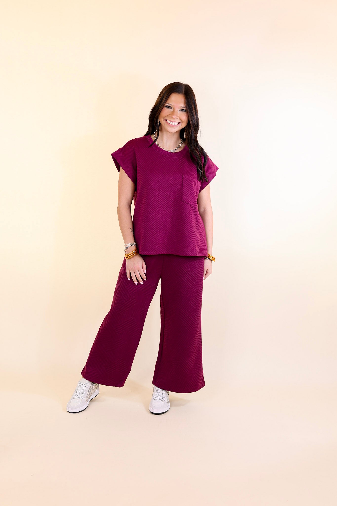 Glamour on the Go Textured Top with Pocket in Plum Purple