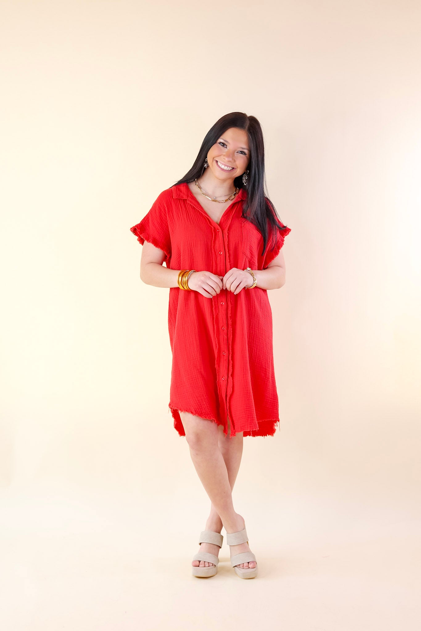 Spring Glow Button Up Raw Hem Dress in Red - Giddy Up Glamour Boutique