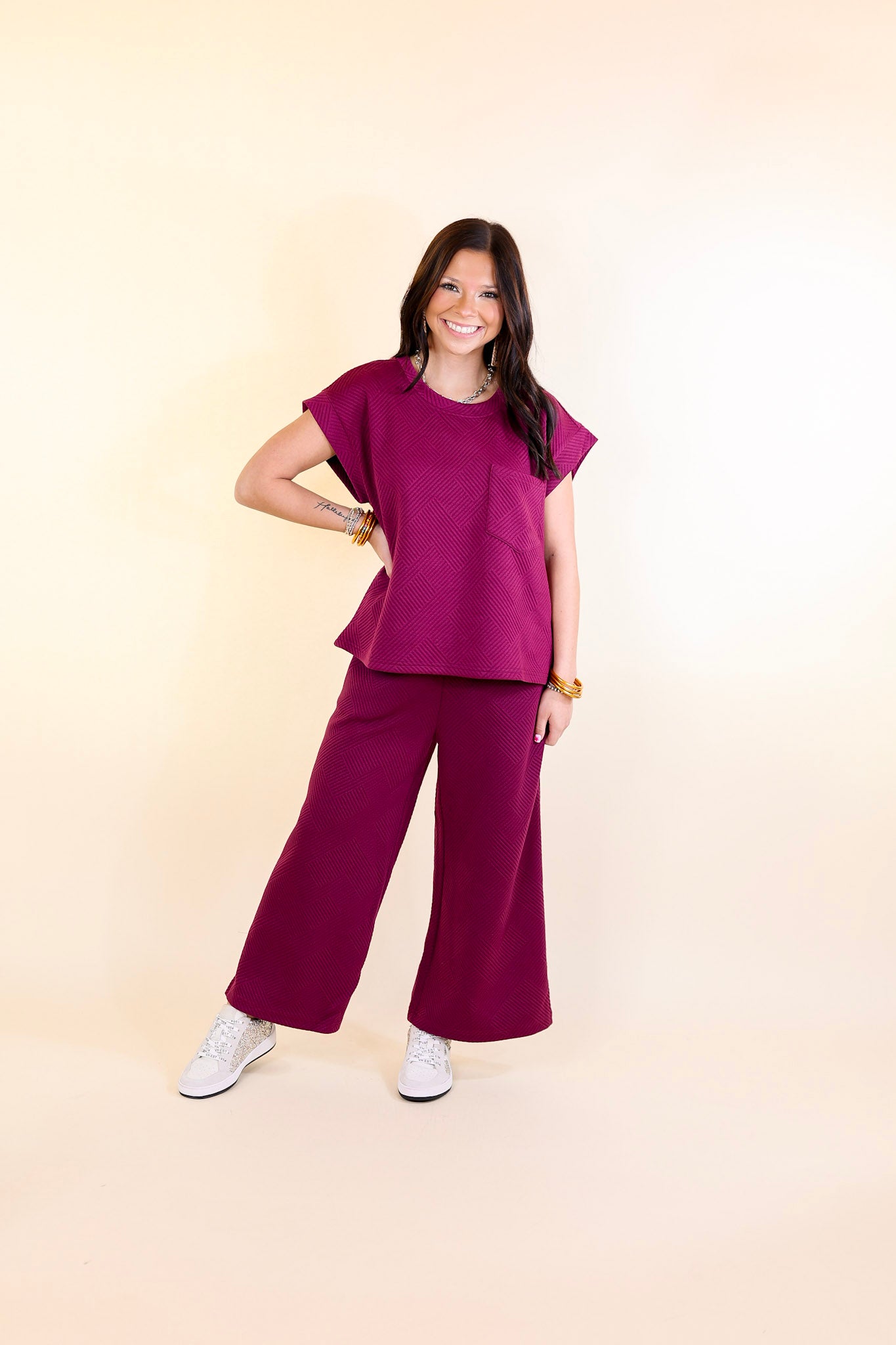 Glamour on the Go Textured Top with Pocket in Plum Purple