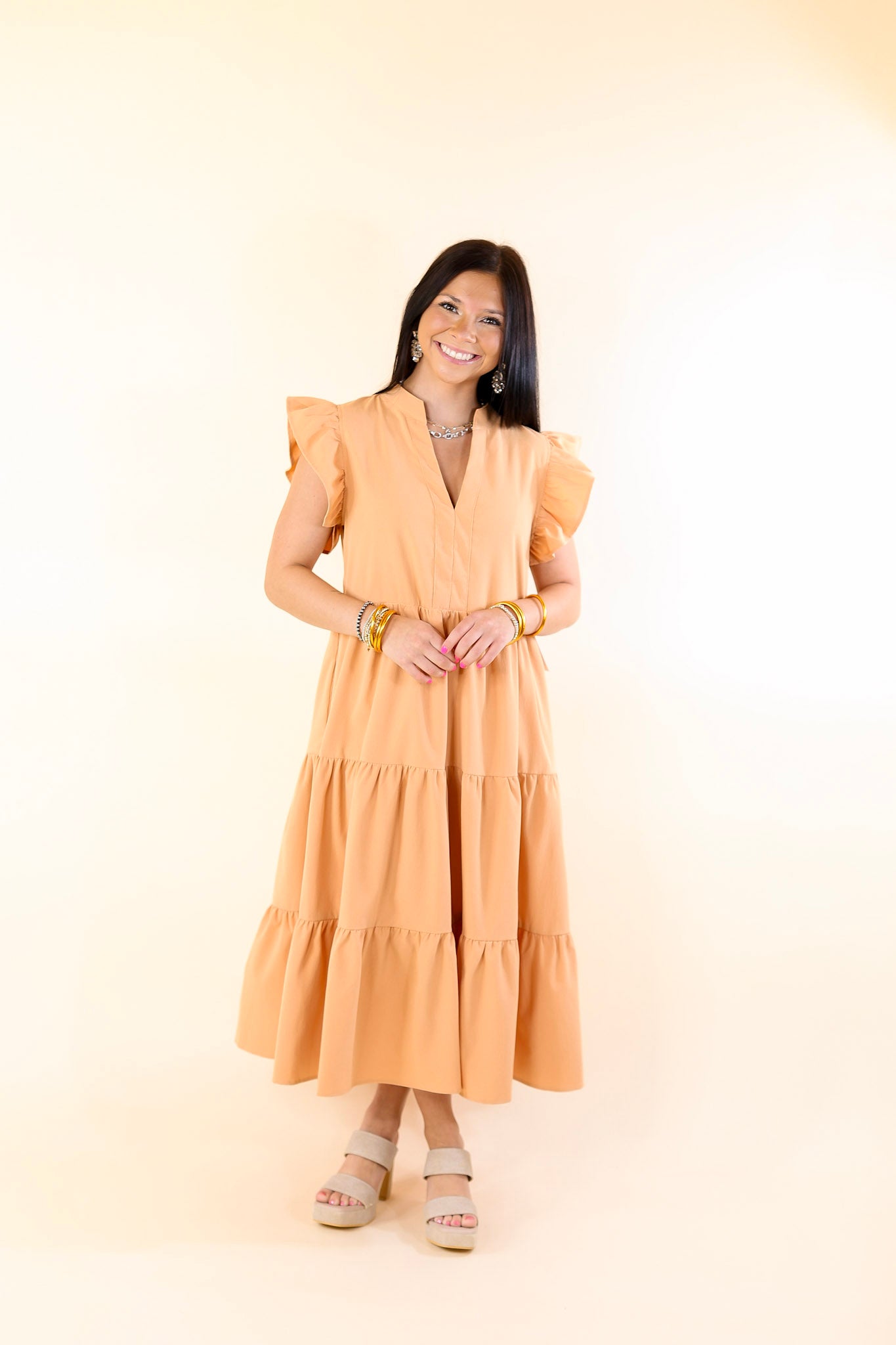 Magnolia Morning Ruffle Cap Sleeve Tiered Midi Dress in Sunset Orange