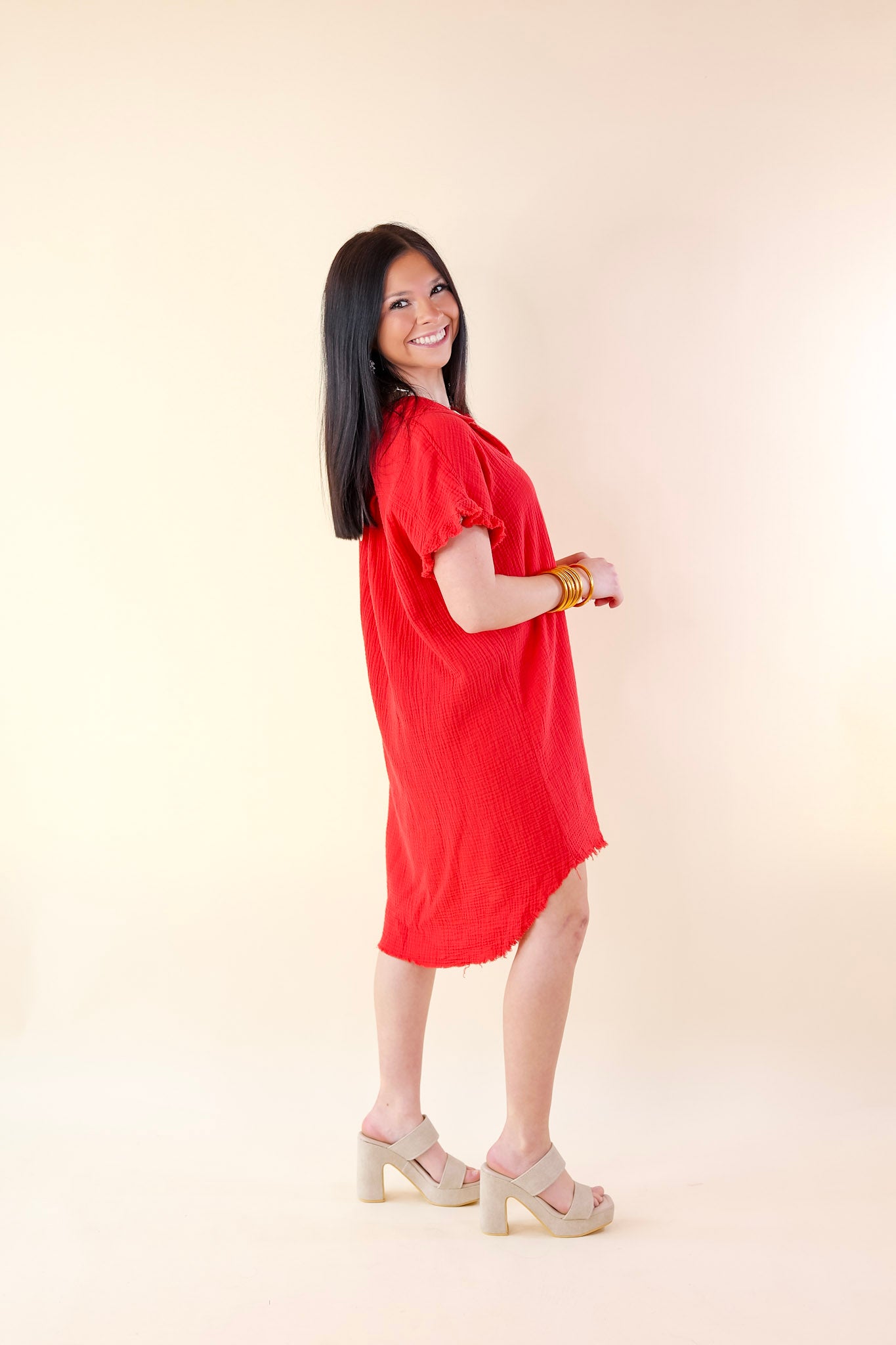 Spring Glow Button Up Raw Hem Dress in Red - Giddy Up Glamour Boutique