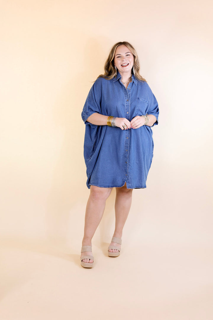 Cozy And Kind Button Up Denim Dress with Collar