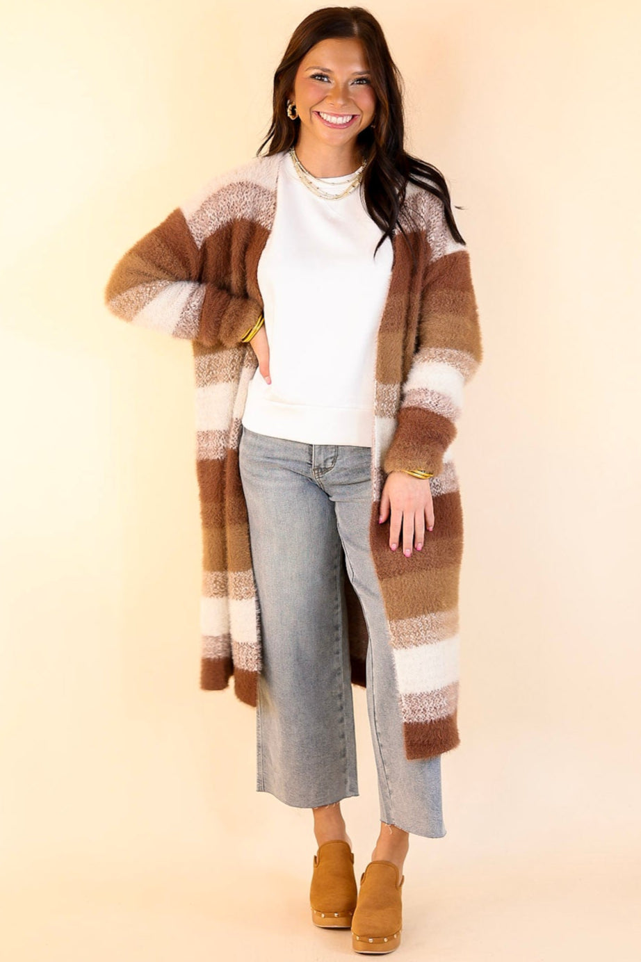 Lost in Layers Striped Eyelash Cardigan in Rust Mix
